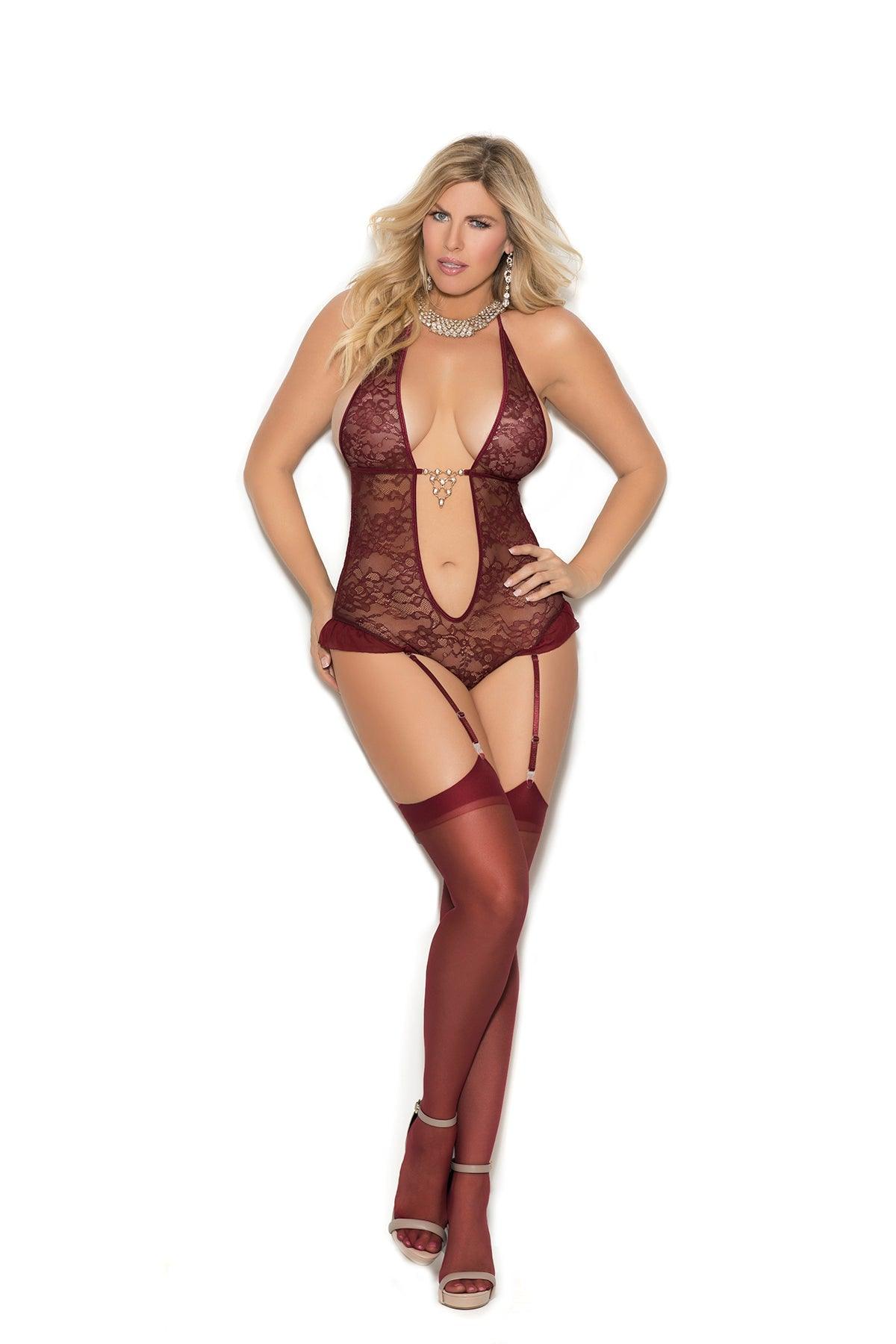 Elegant Moments Lace Halter Style Teddiette With Ultra Deep V Neckline Plus Size EM7252X