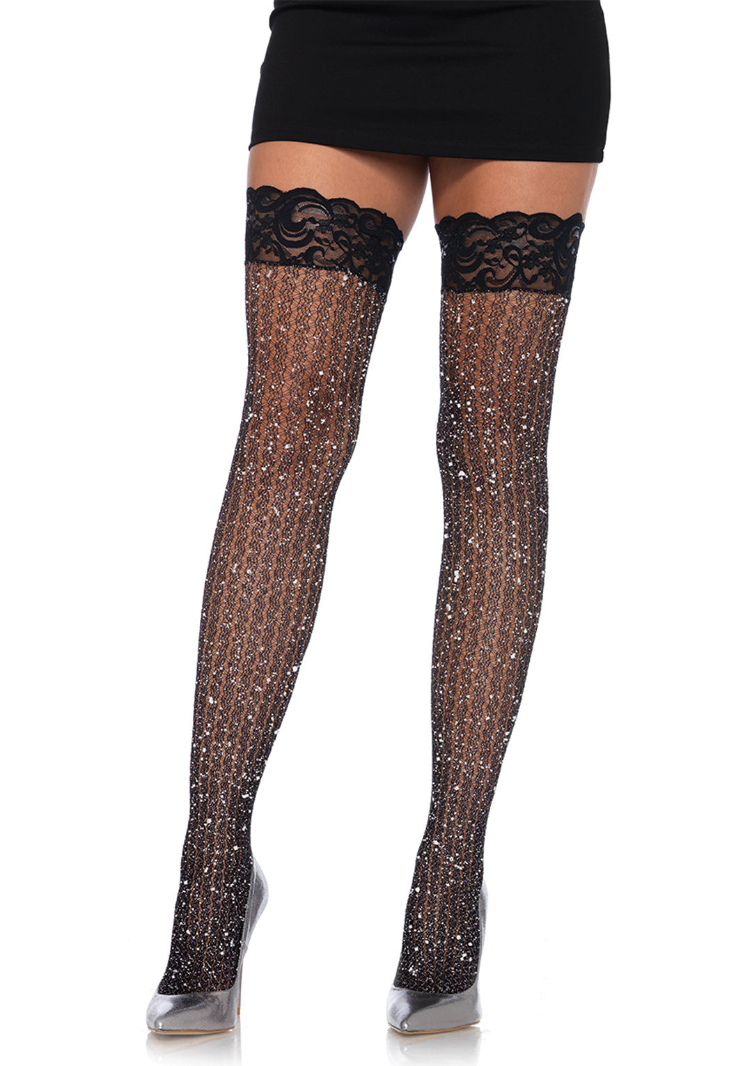 Leg Avenue Stay Up Lace Top Lurex Cable Net Thigh Hi 9322