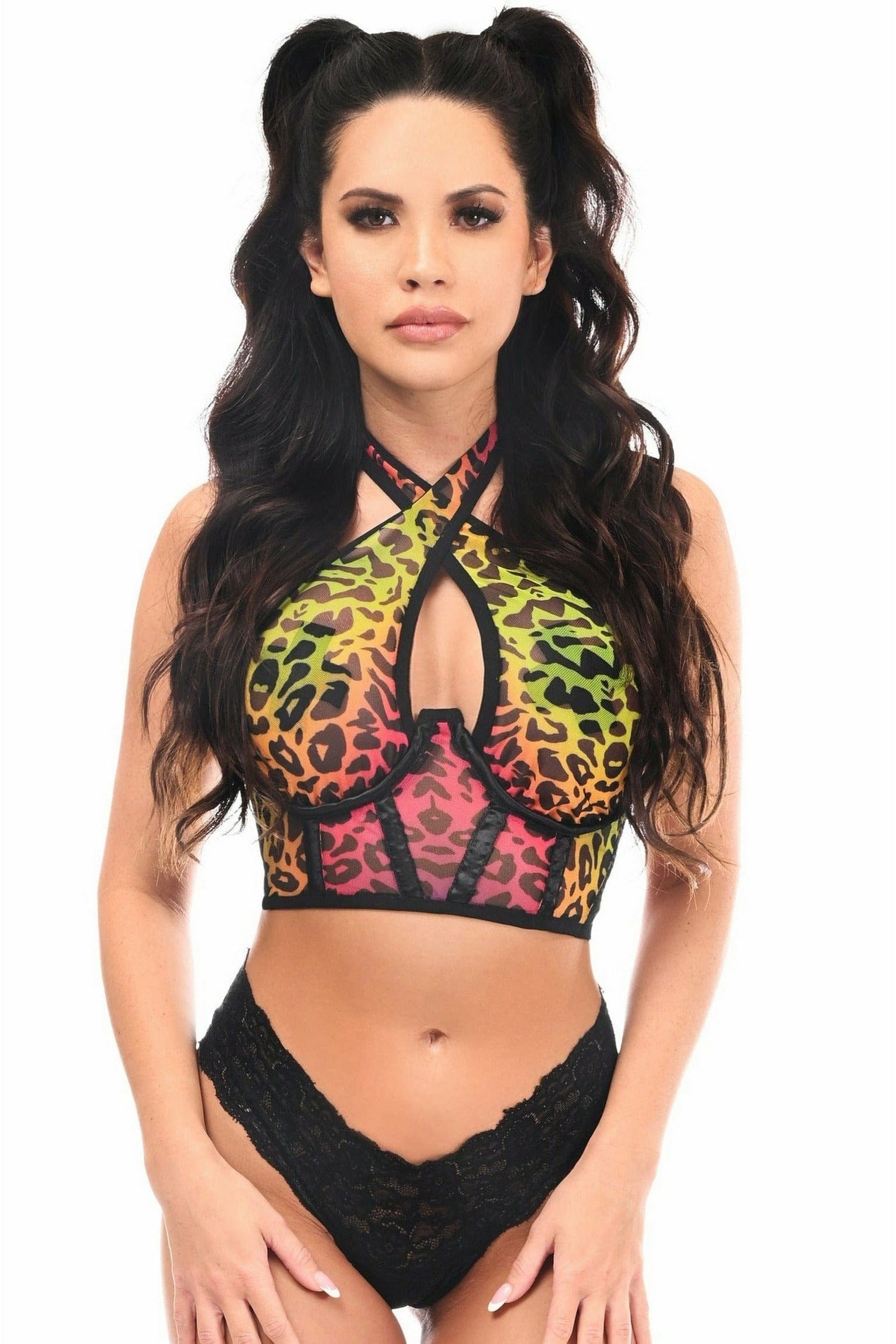Daisy LV-1535 Rainbow Leopard Mesh Underwire Cincher w/Built In Halter Top