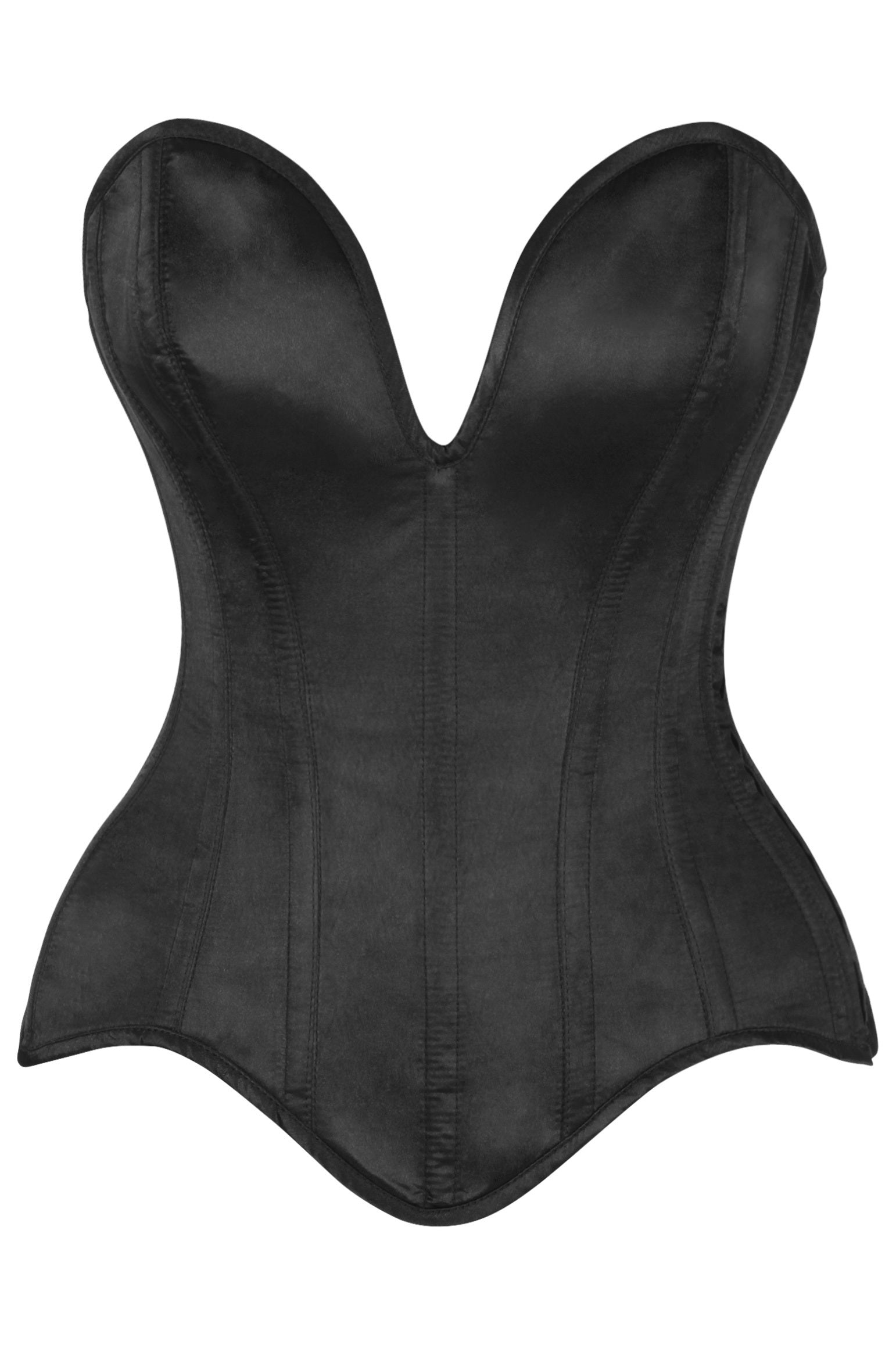 Daisy Steel Boned Black Satin Plunge Neckline Overbust Corset