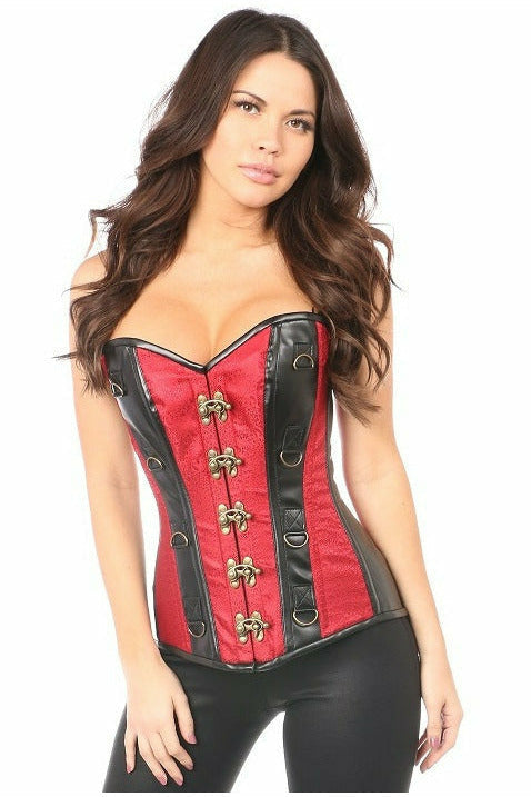 Daisy Wine Brocade & Faux Leather Steel Boned Corset TD-338