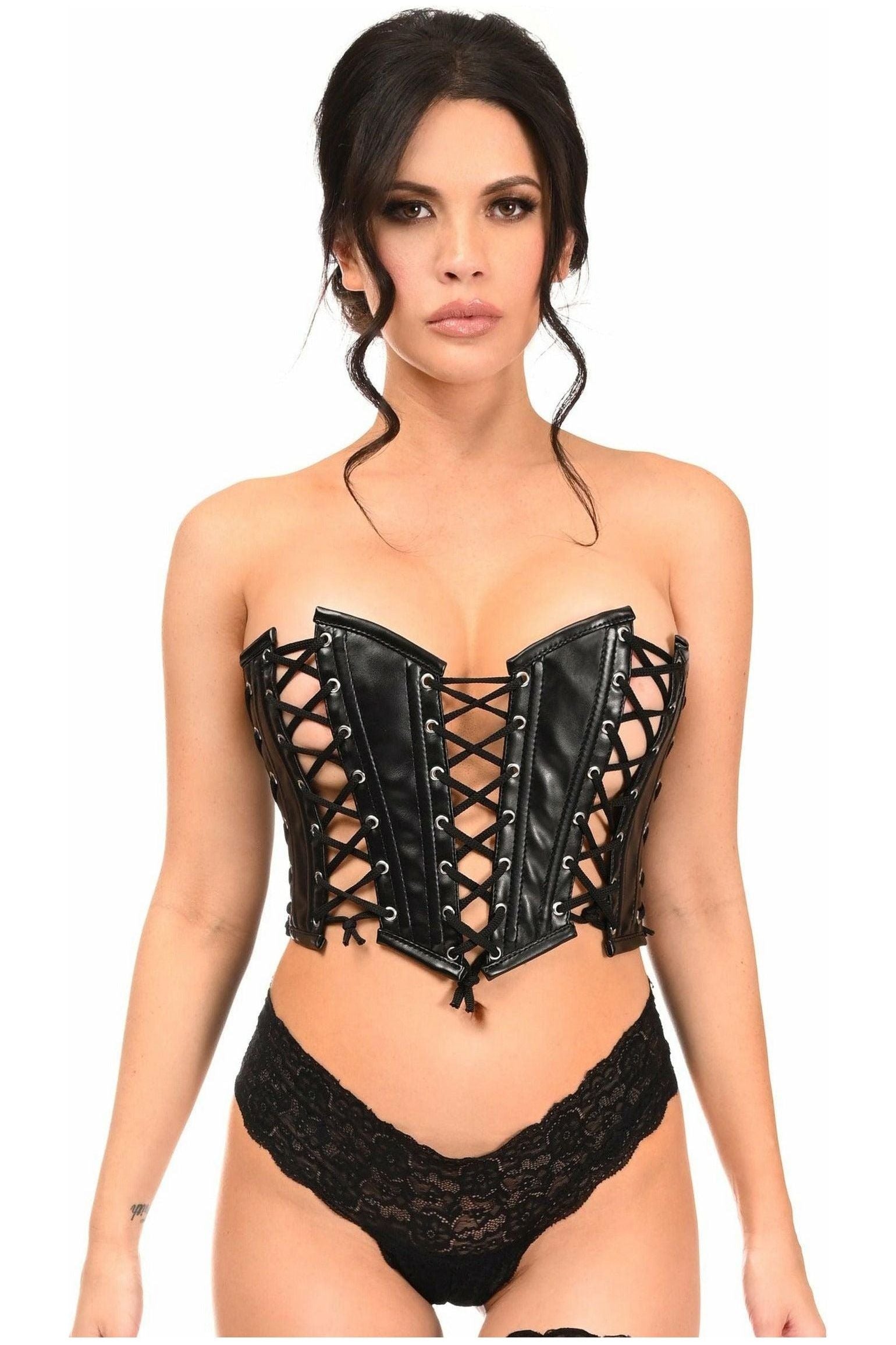 Lavish Black Faux Leather w/Black Lacing Lace - Up Bustier - Daisy Corsets