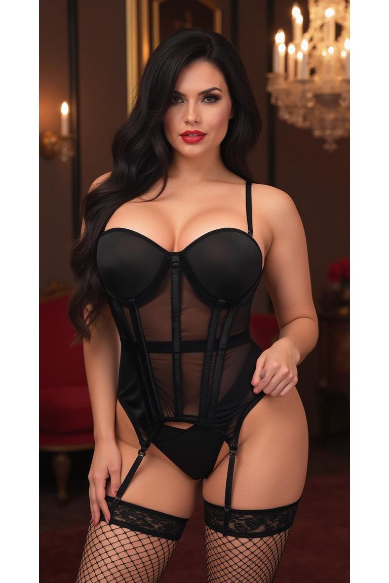 Lavish Black Mesh Underwire Bustier Corset w/Garters - Daisy Corsets