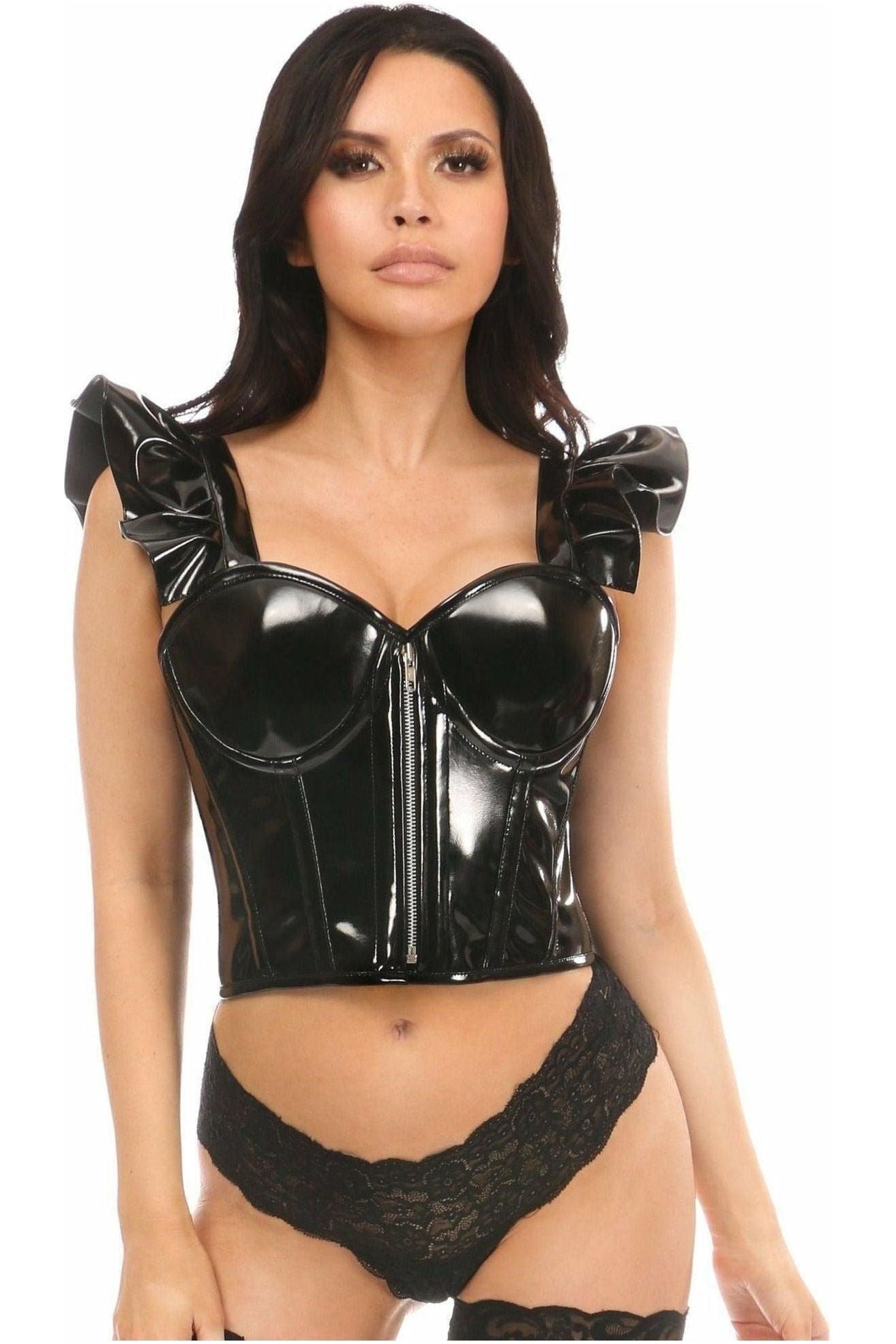 Lavish Black Patent Bustier Top w/Ruffle Sleeves - Daisy Corsets