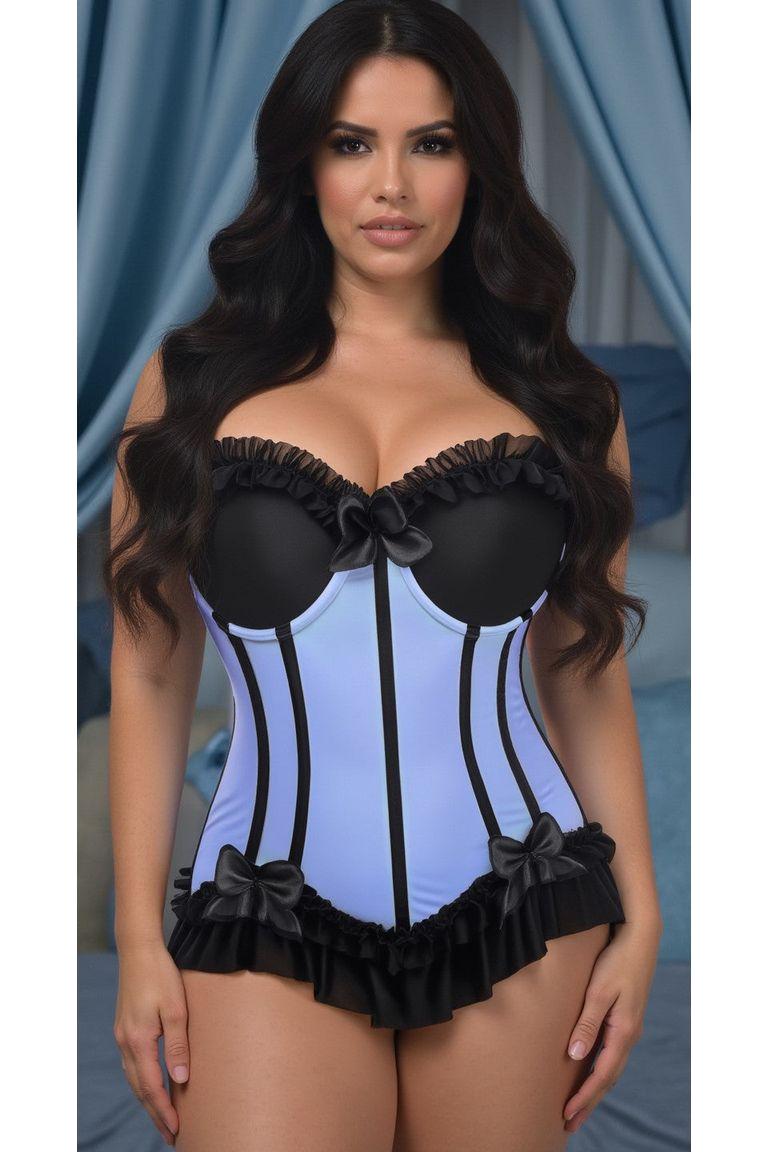 Lavish Lt Blue w/Black Lycra Hook & Eye Stretch Bustier Corset - Daisy Corsets