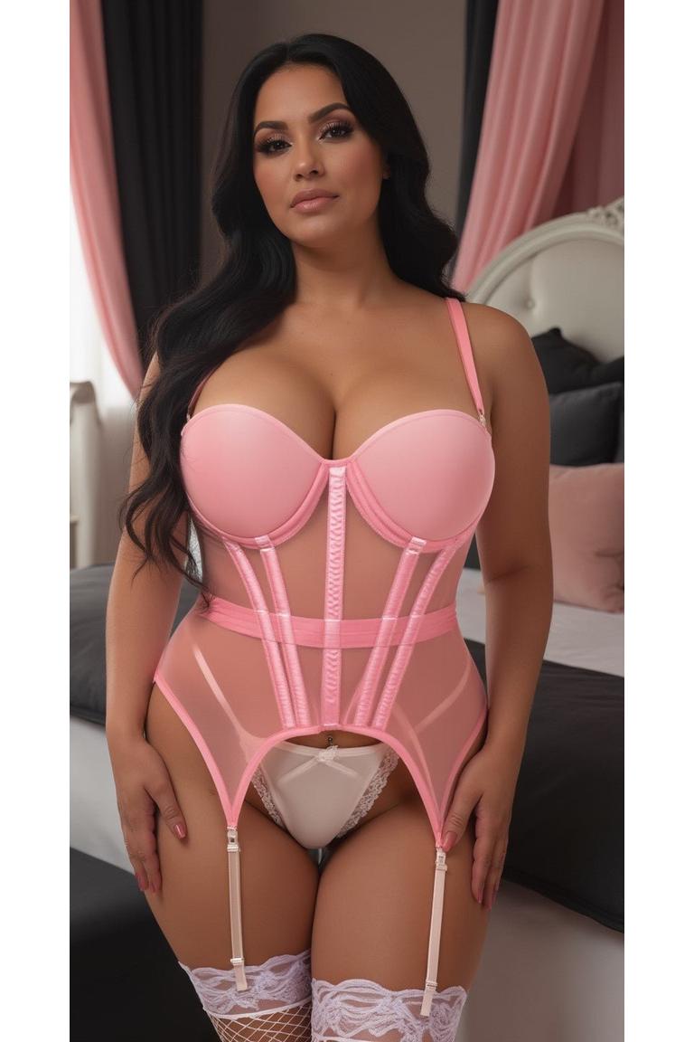 Lavish Lt Pink Mesh Underwire Bustier Corset w/Garters - Daisy Corsets