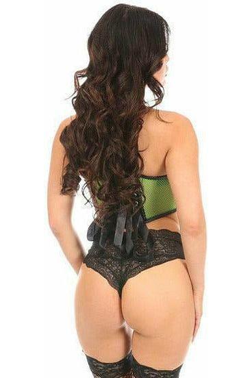 Lavish Neon Green Fishnet & Faux Leather Lace - Up Short Bustier Top - Daisy Corsets