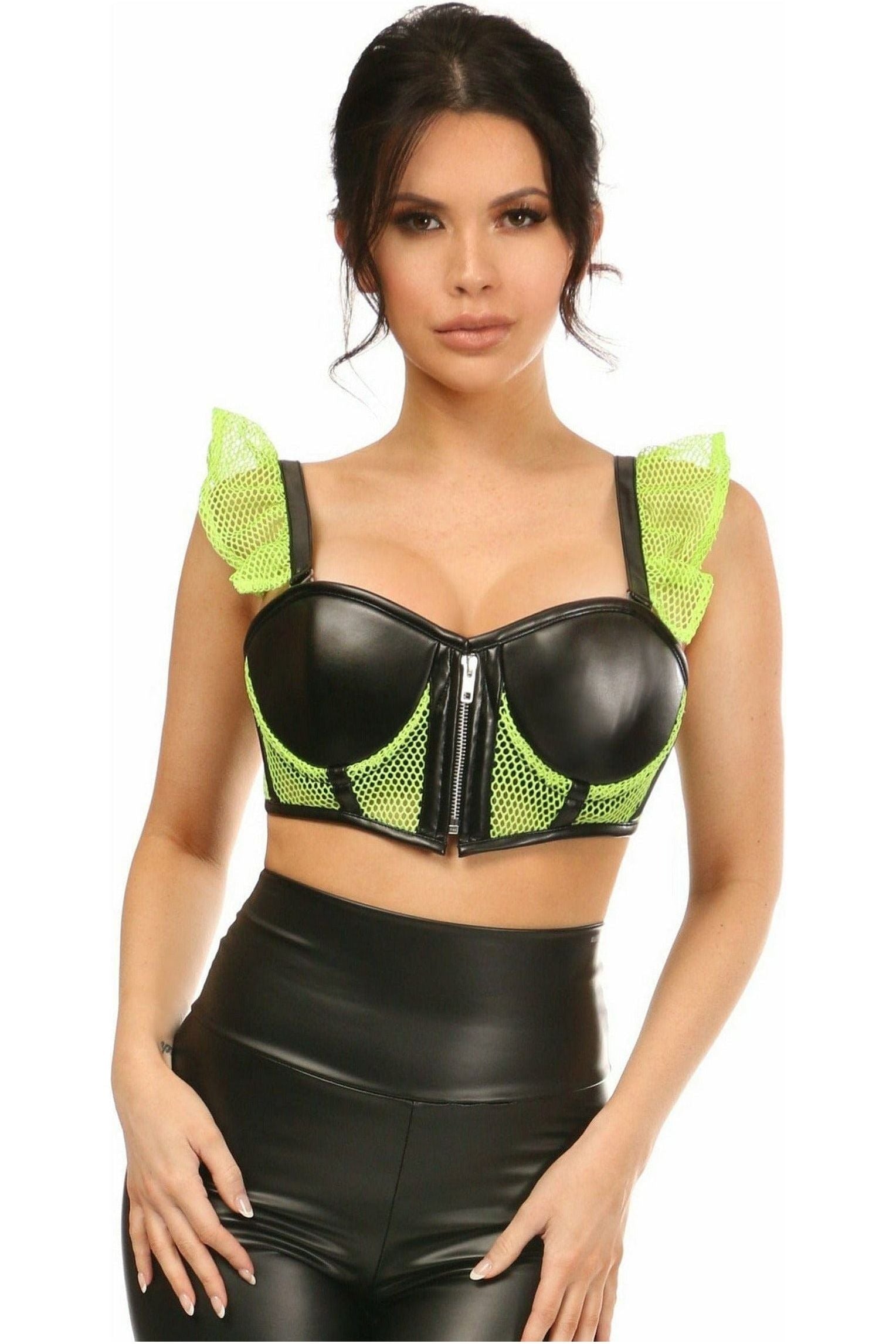 Lavish Neon Green Fishnet & Faux Leather Underwire Bustier Top w/Removable Ruffle Sleeves - Daisy Corsets