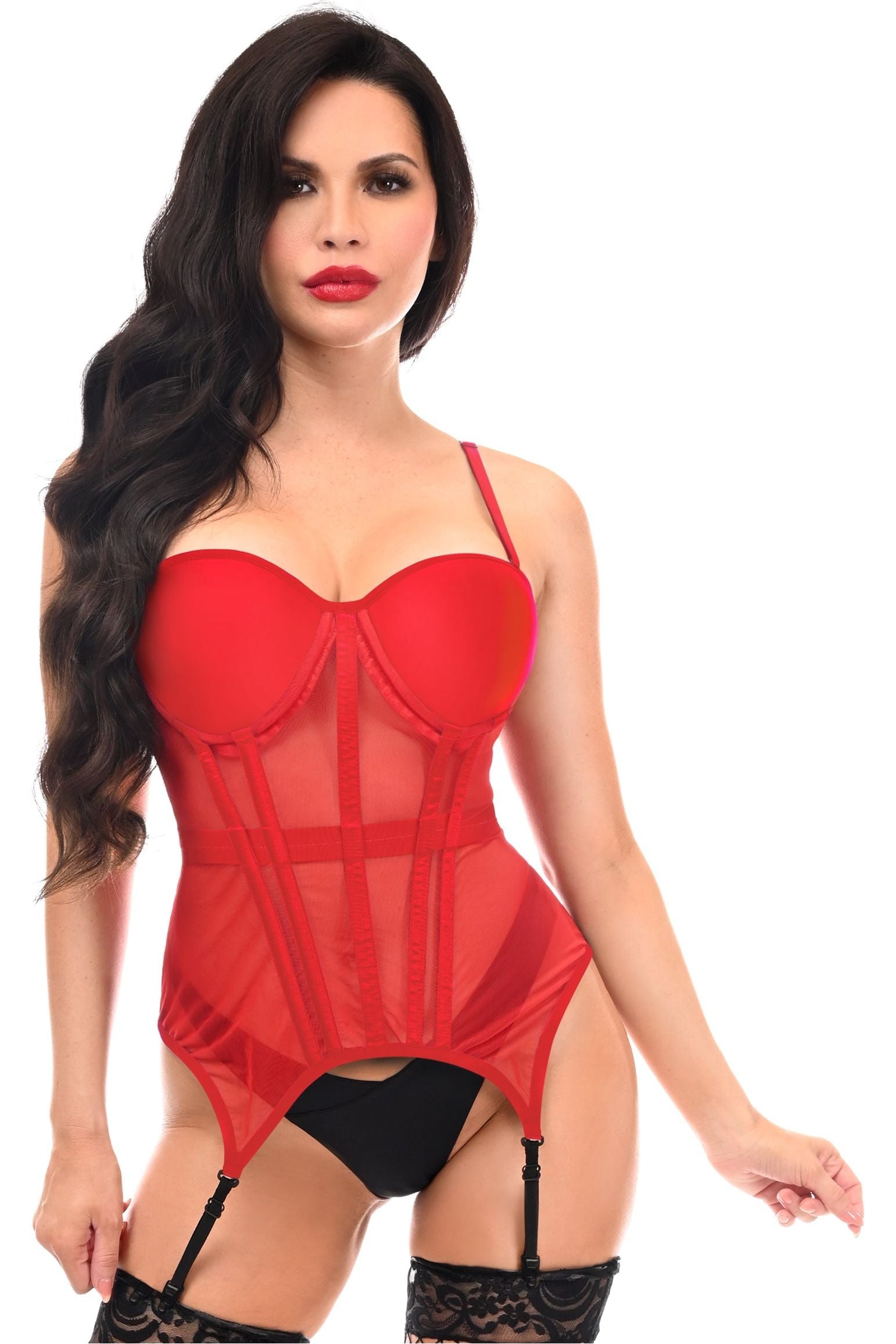 Lavish Red Mesh Underwire Bustier Corset w/Garters - Daisy Corsets
