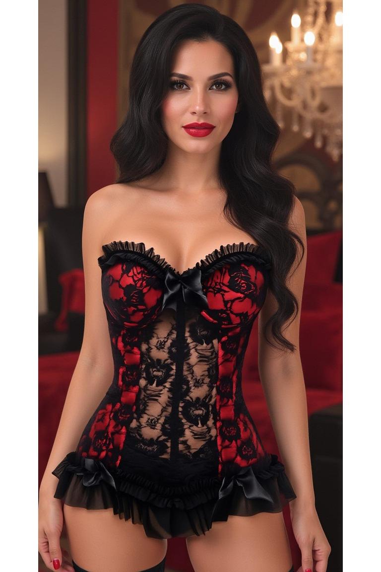 Lavish Red w/Black Lace & Lycra Hook & Eye Stretch Bustier Corset - Daisy Corsets