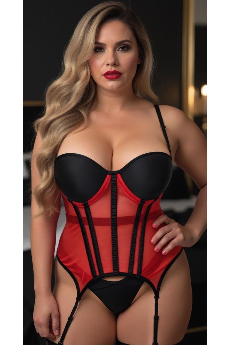 Lavish Red/Black Mesh Underwire Bustier Corset w/Garters - Daisy Corsets