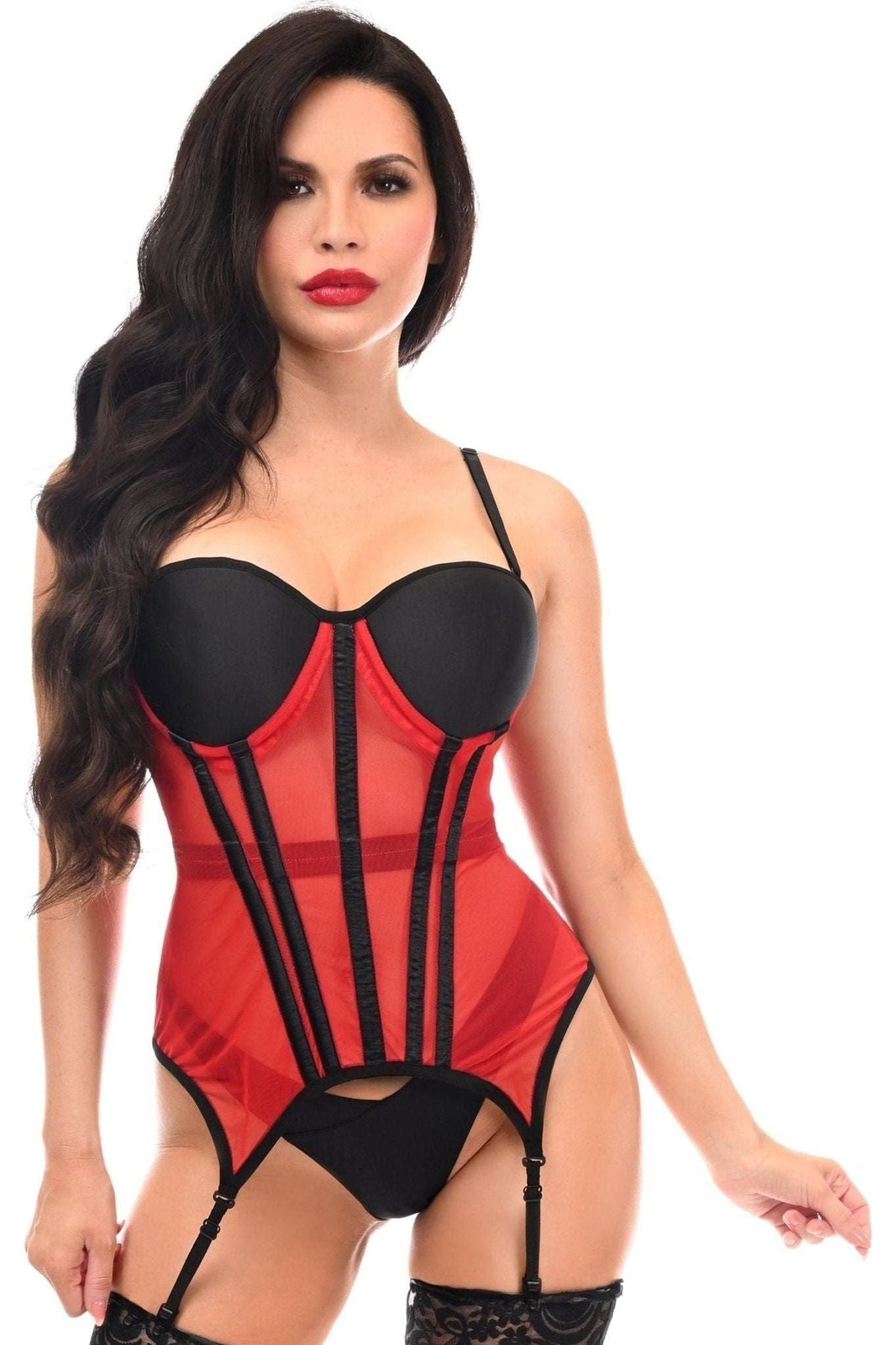 Lavish Red/Black Mesh Underwire Bustier Corset w/Garters - Daisy Corsets