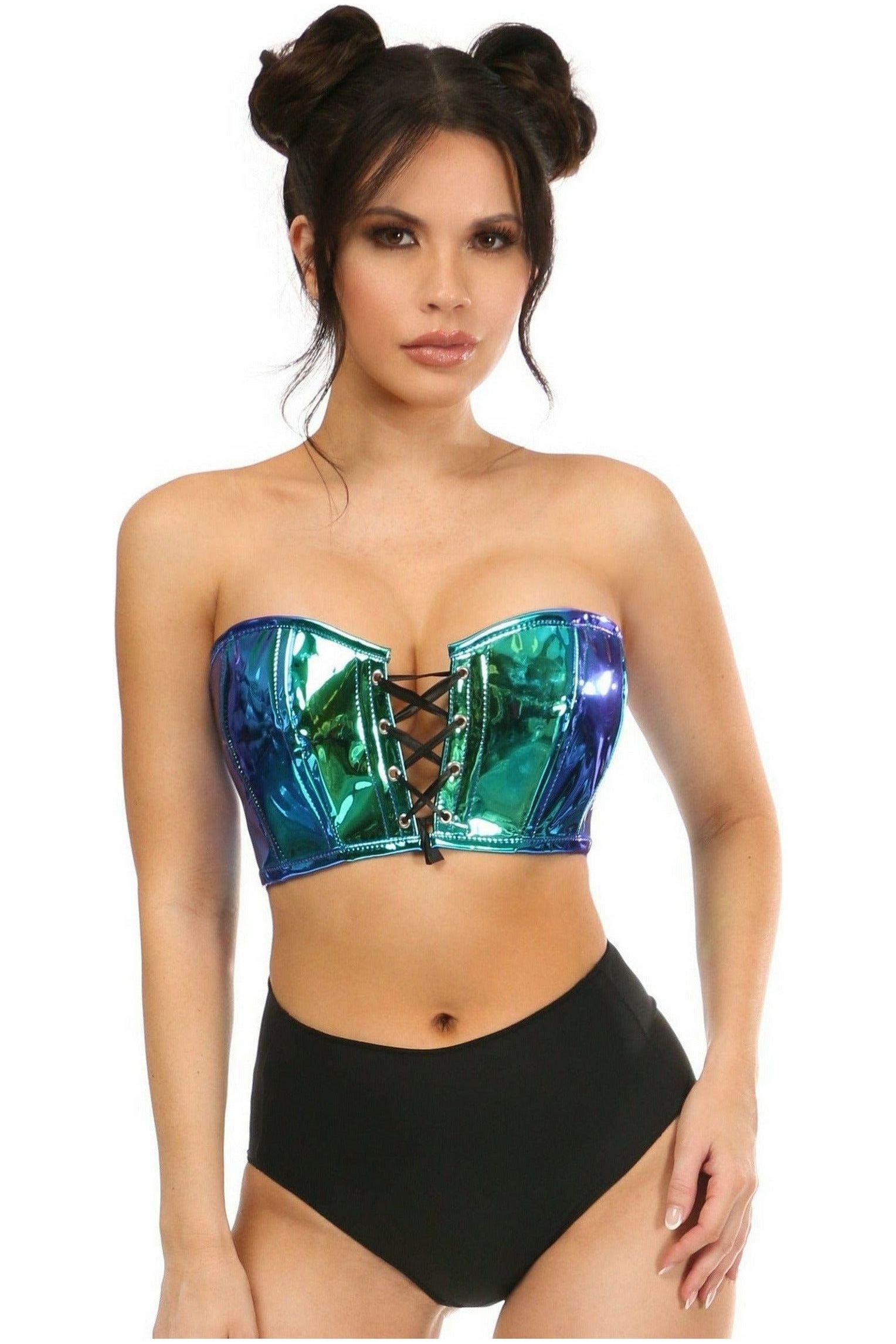 Lavish Teal/Blue Holo Lace - Up Short Bustier Top - Daisy Corsets