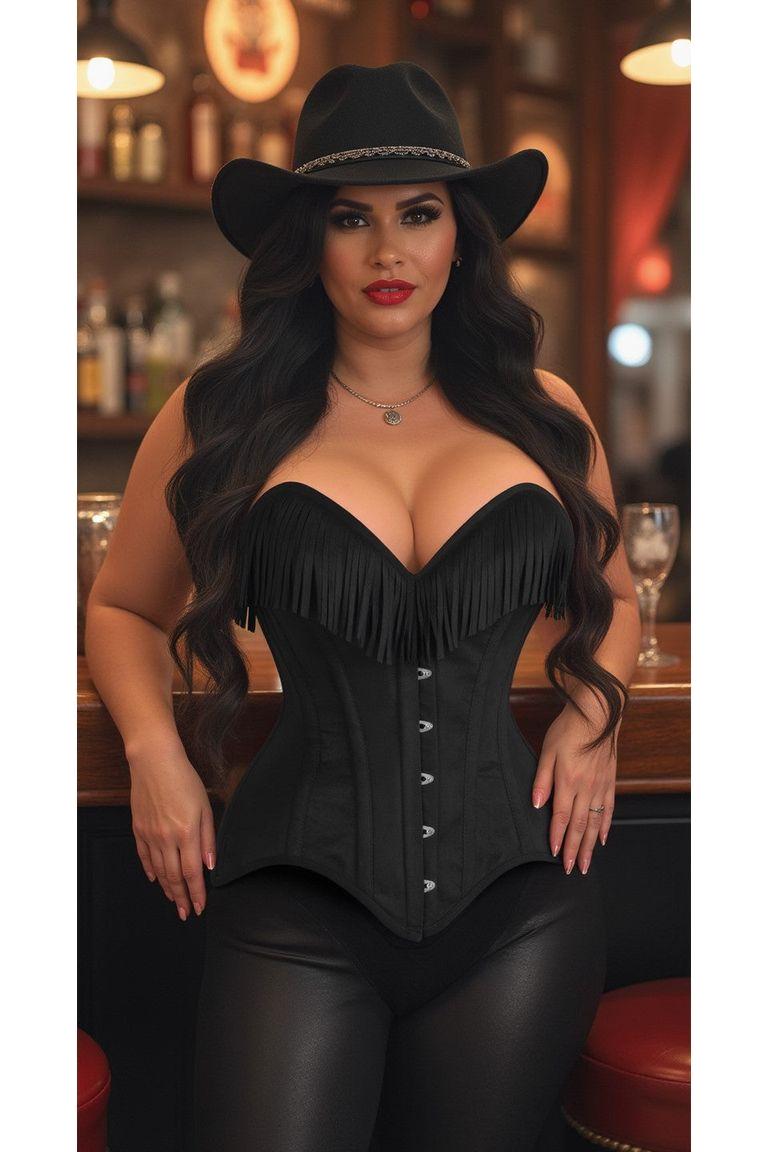 Top Drawer Black Suede Steel Boned Overbust Corset w/Fringe - Daisy Corsets