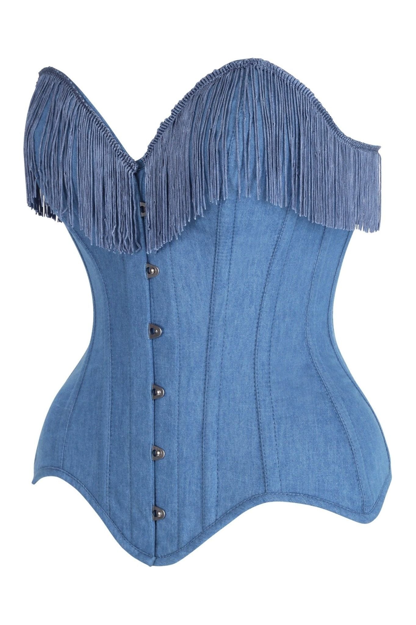 Top Drawer Blue Denim Steel Boned Overbust Corset w/Fringe - Daisy Corsets