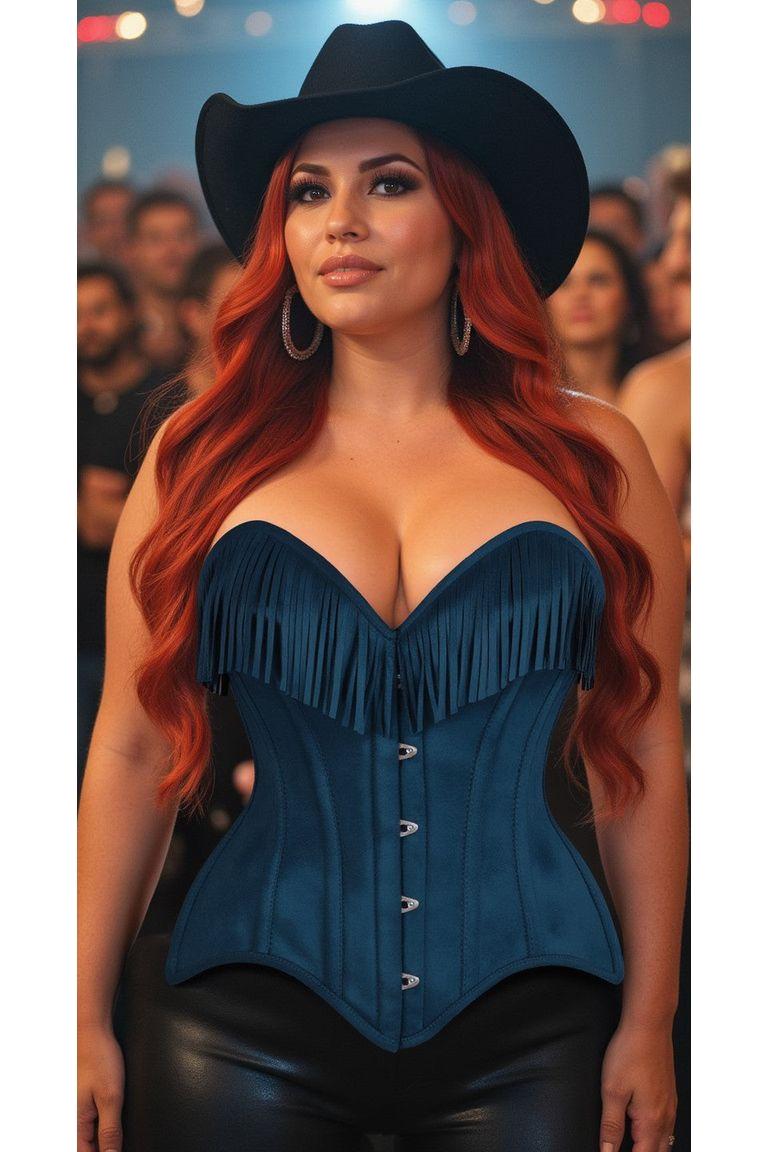 Top Drawer Blue Suede Steel Boned Overbust Corset w/Fringe - Daisy Corsets