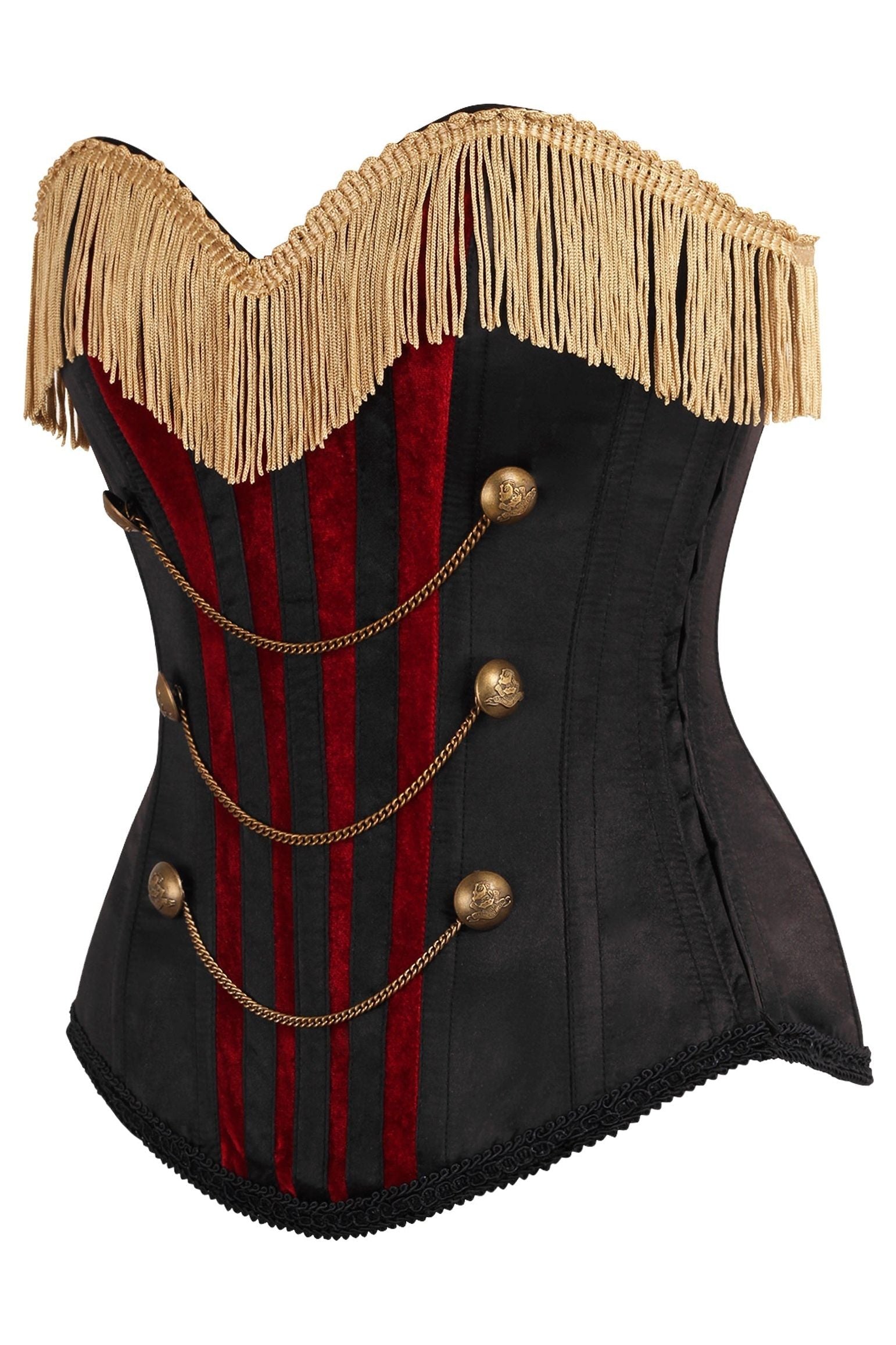 Top Drawer Burlesque Black/Dark Red Steel Boned Corset w/Gold Fringe - Daisy Corsets