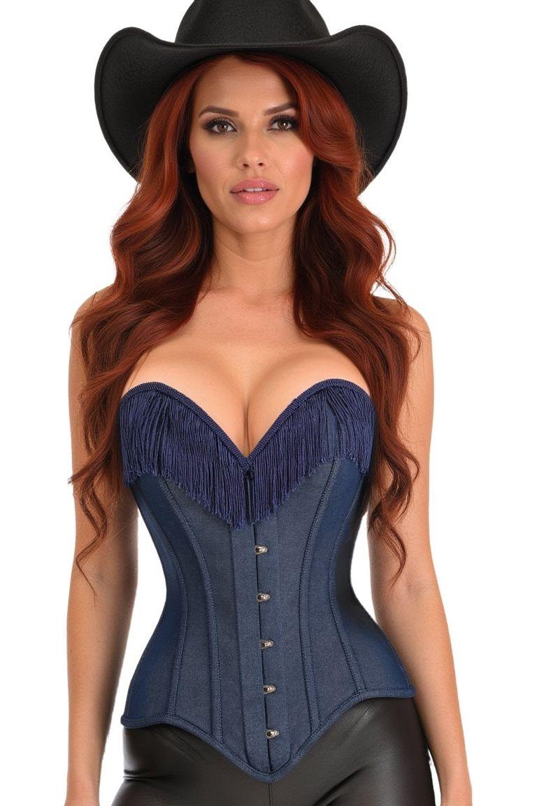 Top Drawer Dark Blue Denim Steel Boned Overbust Corset w/Fringe - Daisy Corsets