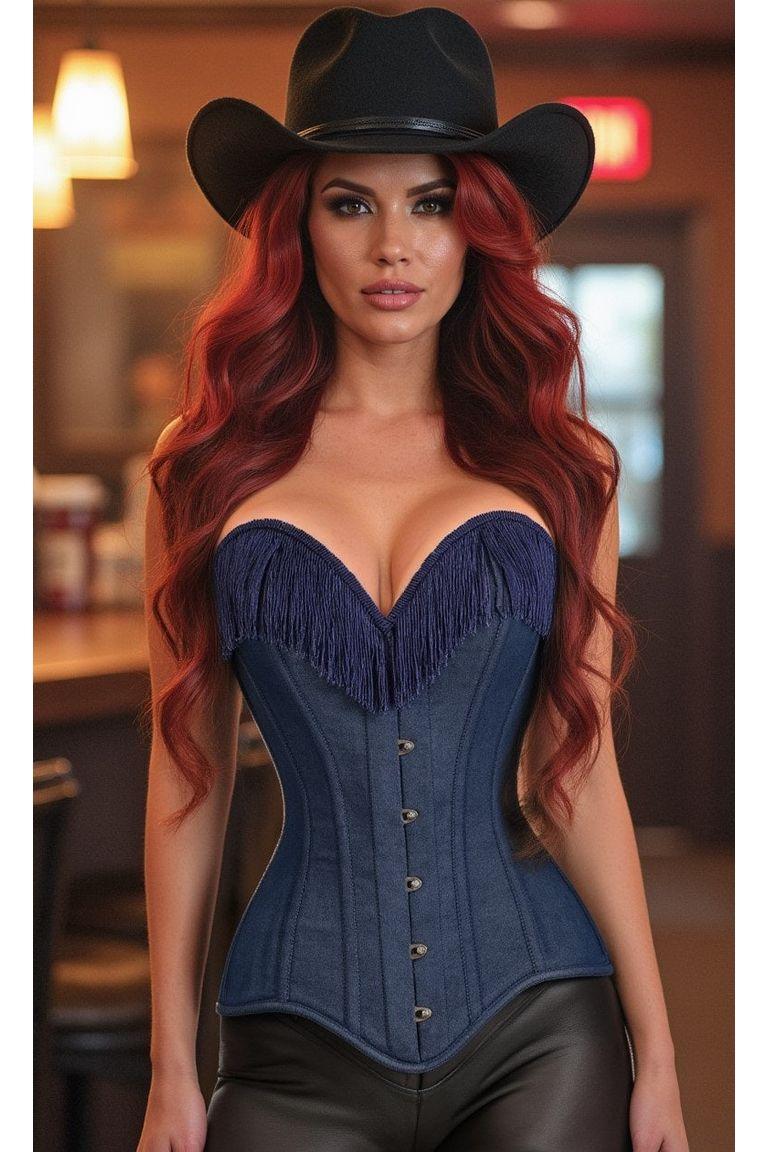 Top Drawer Dark Blue Denim Steel Boned Overbust Corset w/Fringe - Daisy Corsets