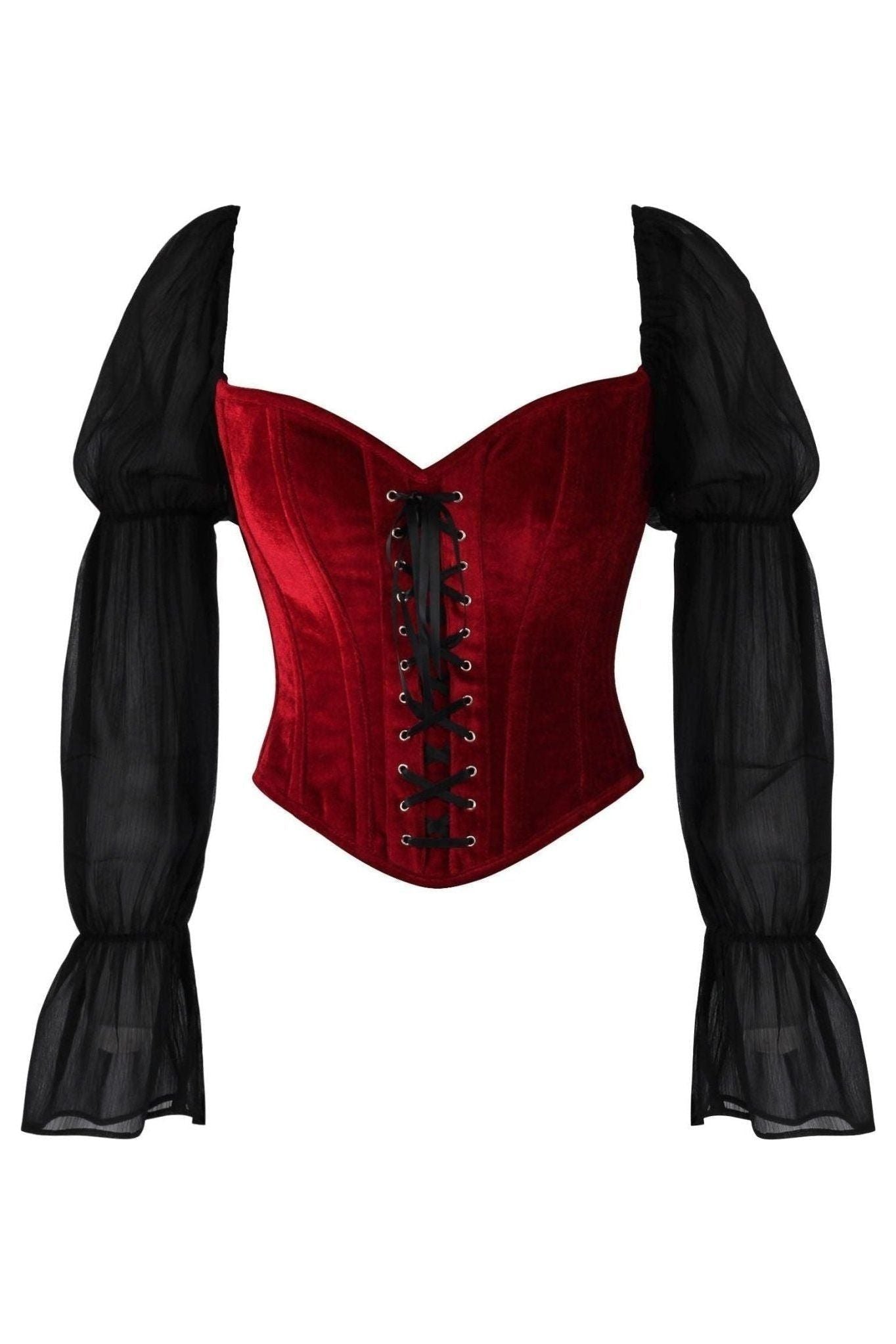 Top Drawer Dark Red Velvet Steel Boned Corset w/Sleeves - Daisy Corsets
