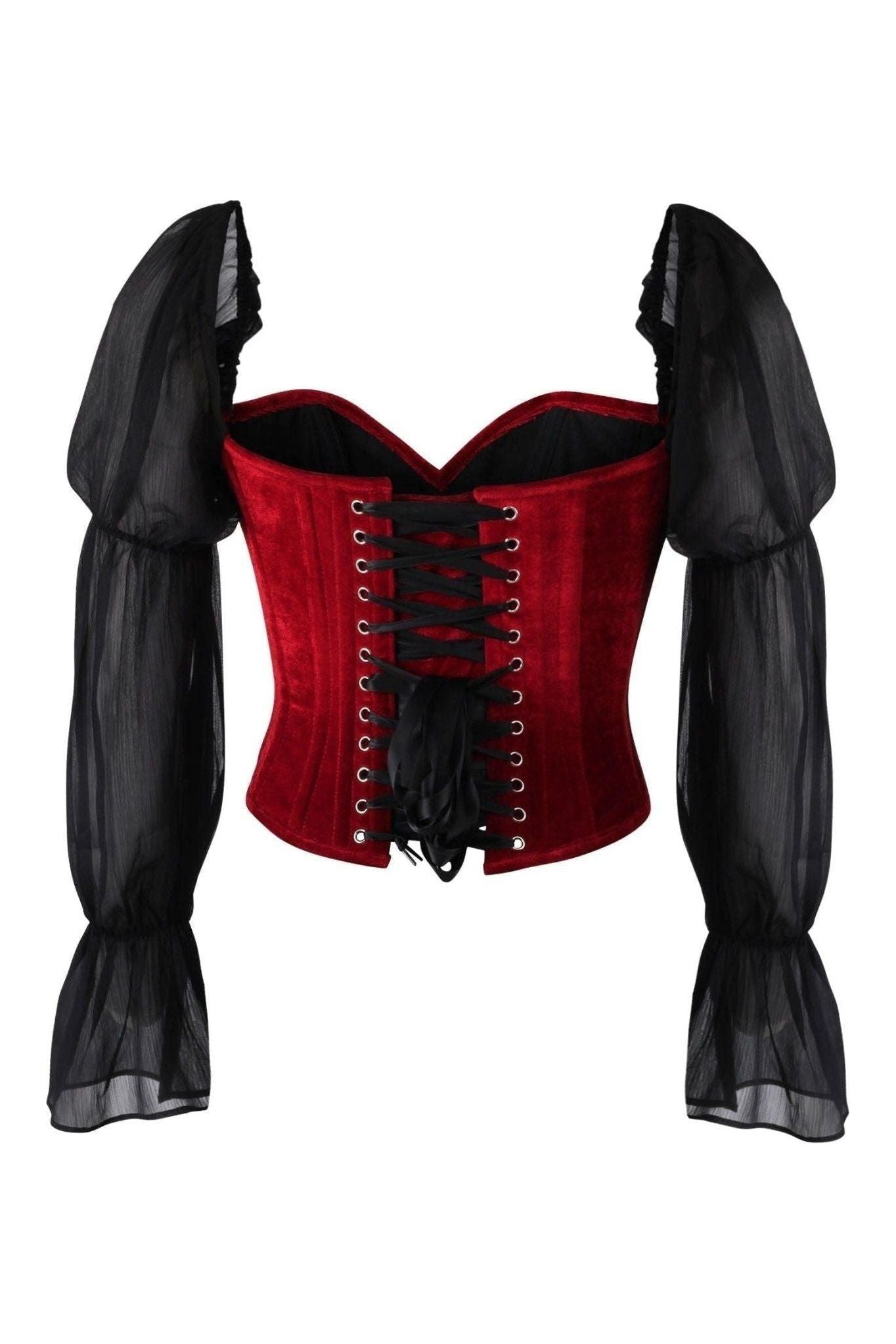 Top Drawer Dark Red Velvet Steel Boned Corset w/Sleeves - Daisy Corsets