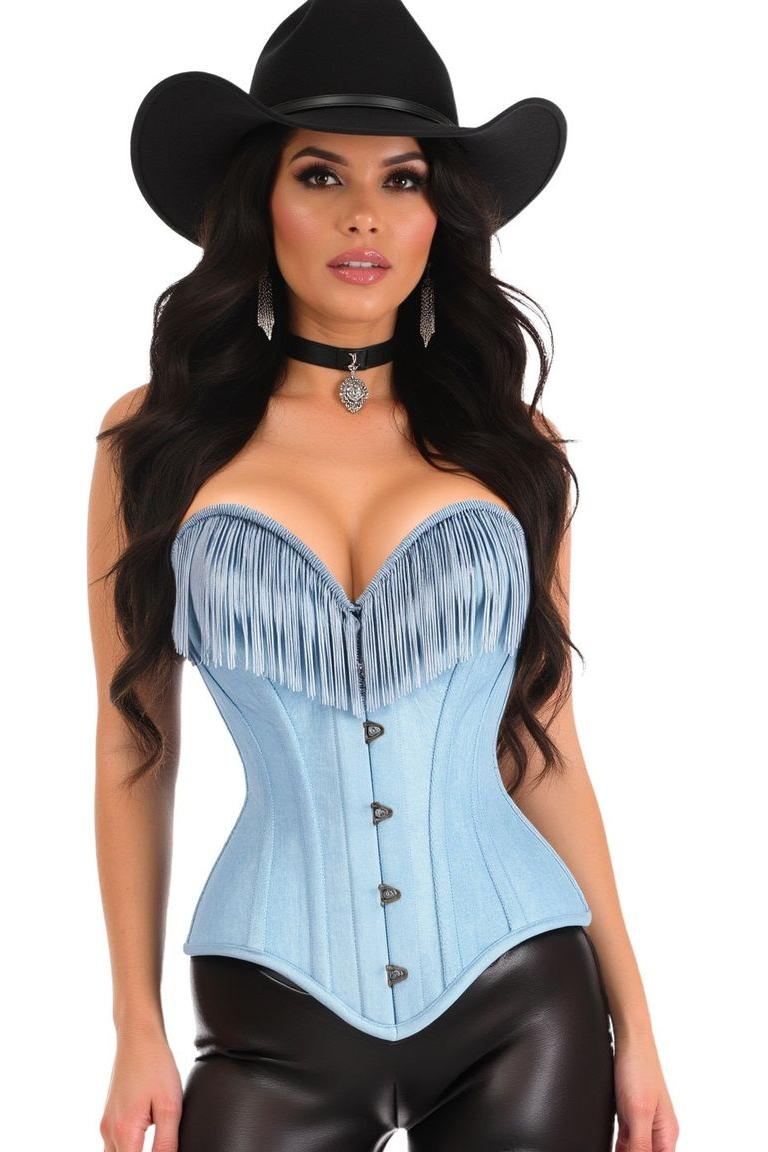 Top Drawer Light Blue Denim Steel Boned Overbust Corset w/Fringe - Daisy Corsets