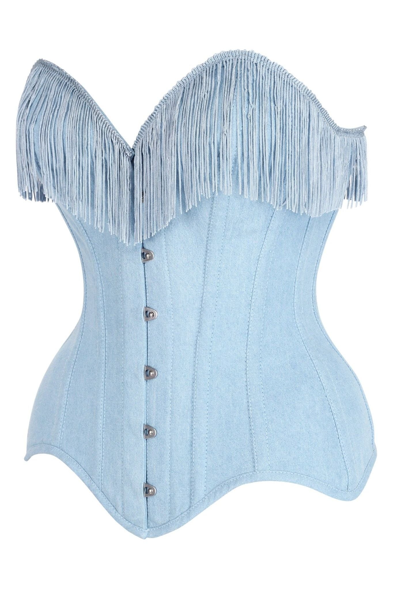 Top Drawer Light Blue Denim Steel Boned Overbust Corset w/Fringe - Daisy Corsets
