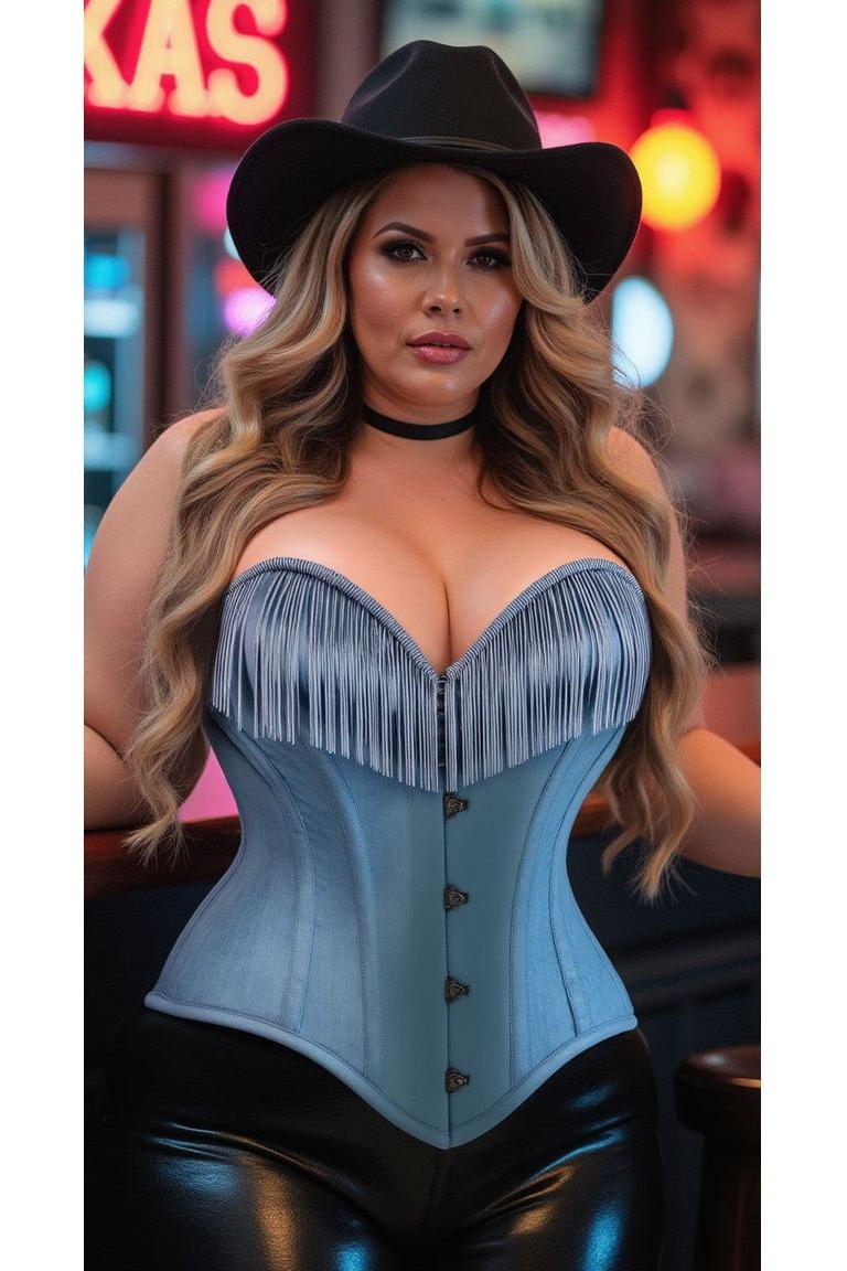 Top Drawer Light Blue Denim Steel Boned Overbust Corset w/Fringe - Daisy Corsets