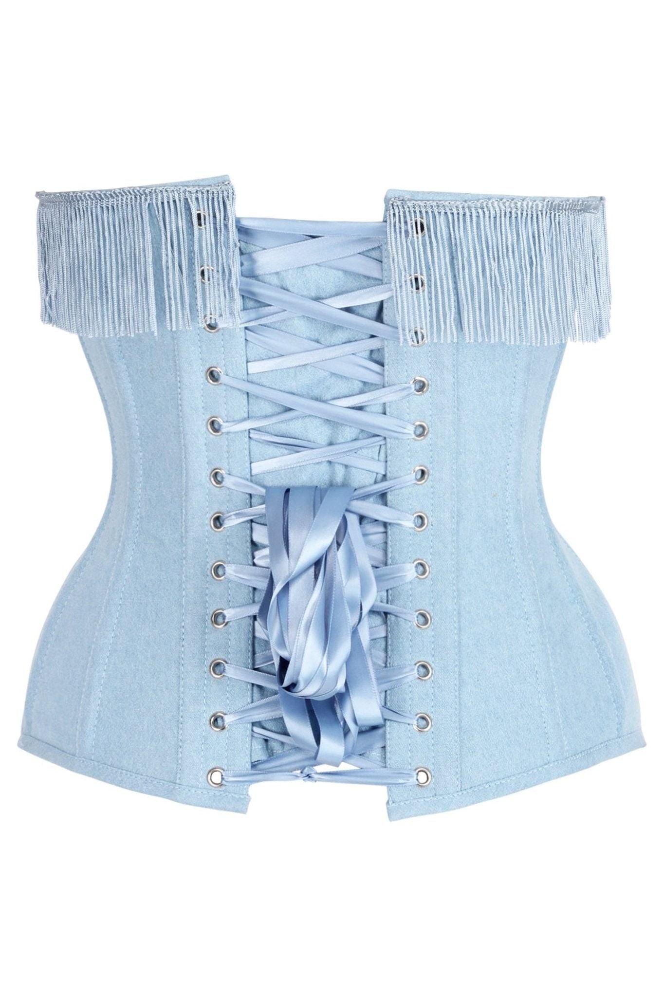 Top Drawer Light Blue Denim Steel Boned Overbust Corset w/Fringe - Daisy Corsets