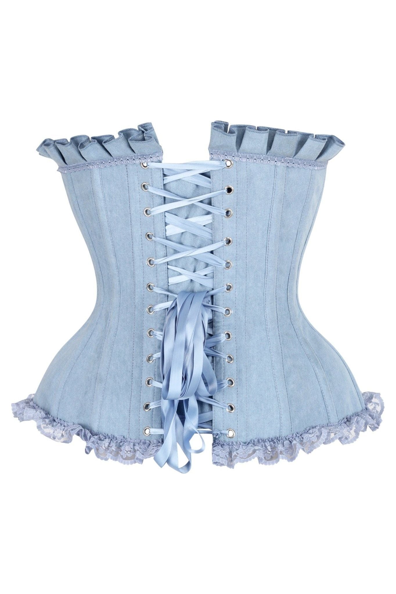 Top Drawer Light Blue Denim Underwire Steel Boned Burlesque Corset w/Bows - Daisy Corsets