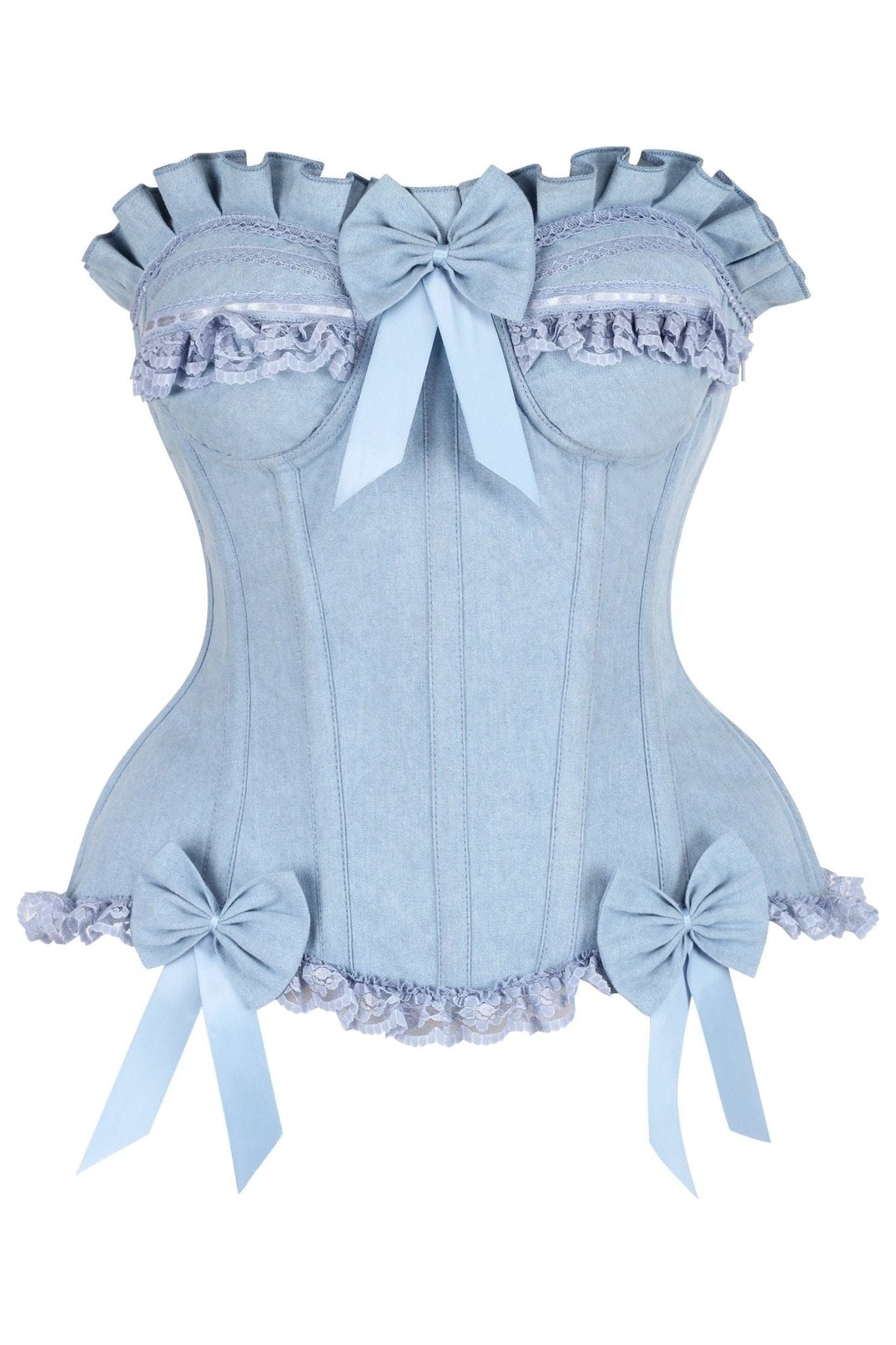 Top Drawer Light Blue Denim Underwire Steel Boned Burlesque Corset w/Bows - Daisy Corsets