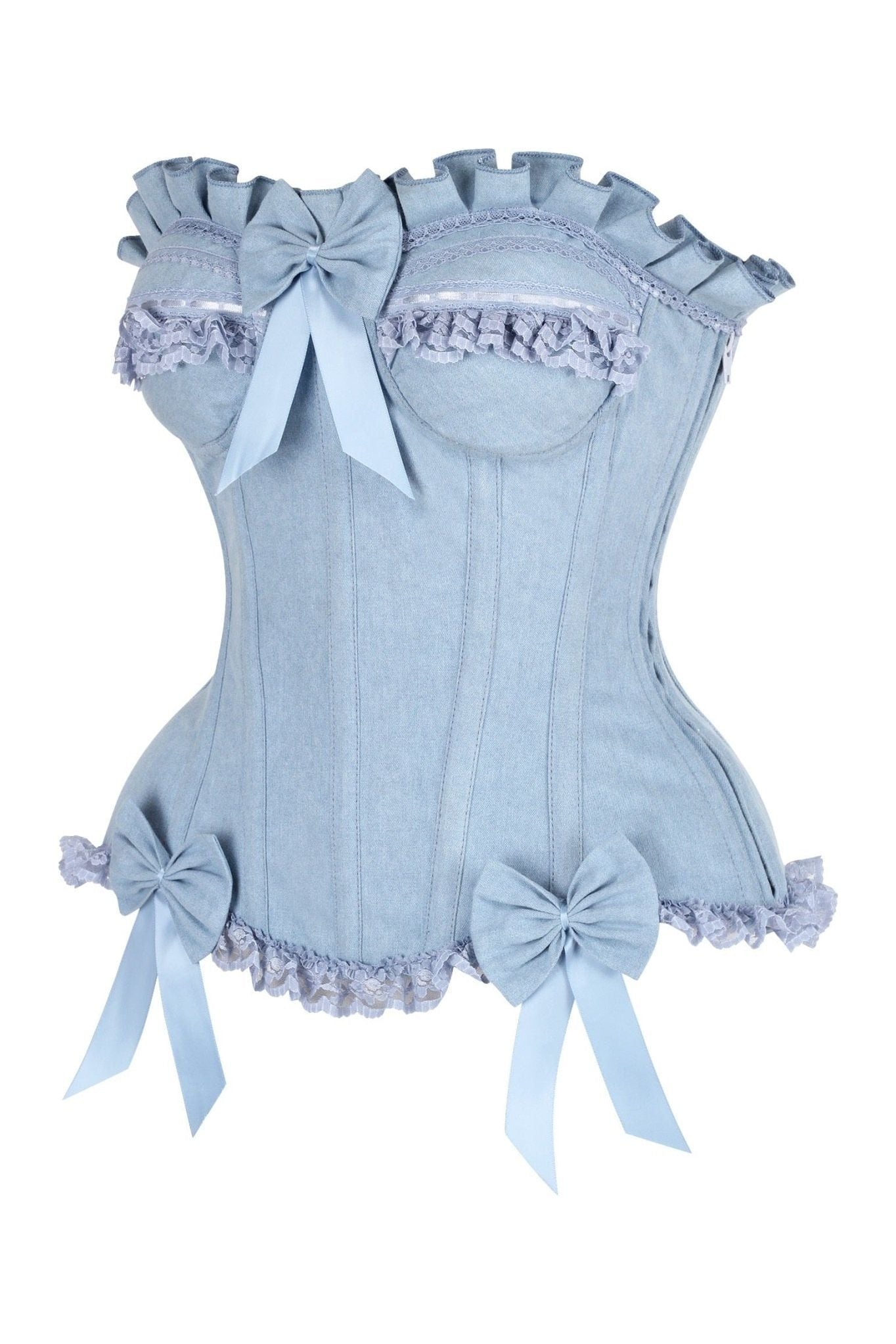 Top Drawer Light Blue Denim Underwire Steel Boned Burlesque Corset w/Bows - Daisy Corsets