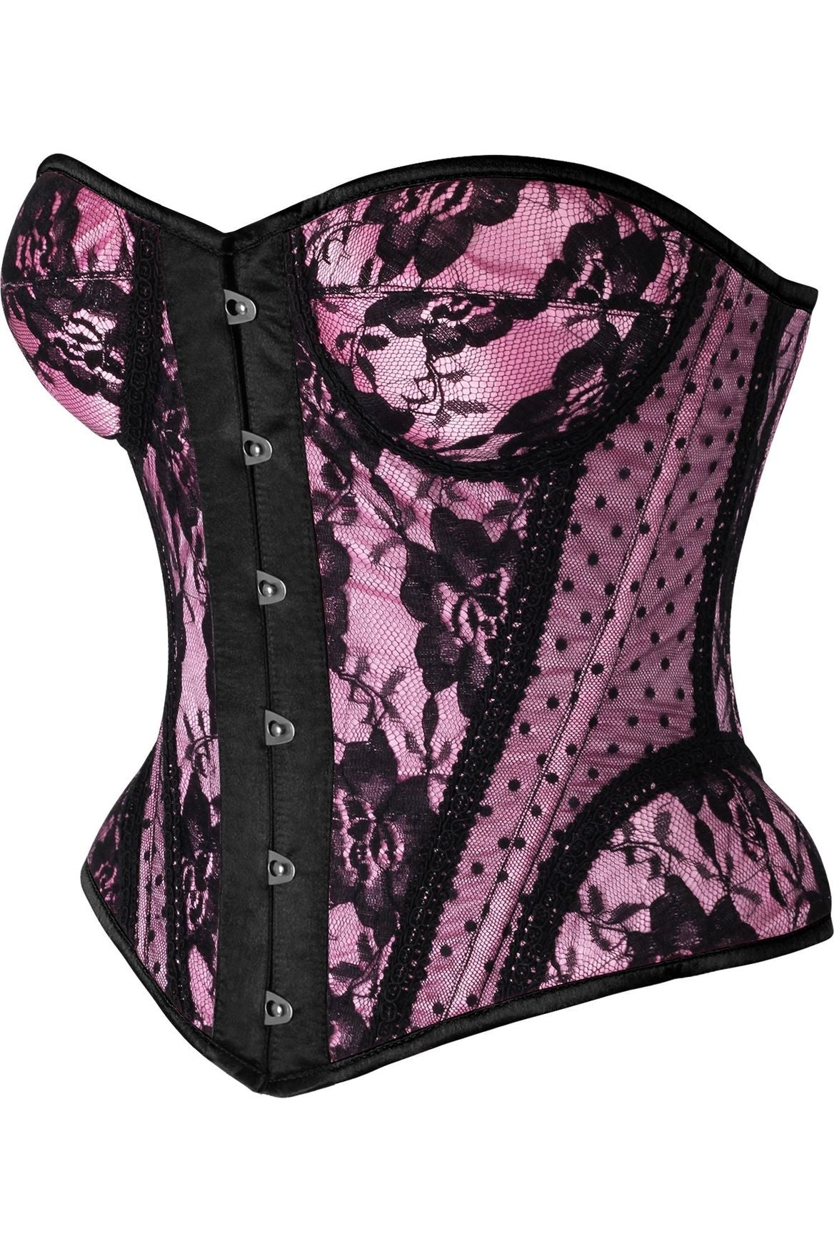 Top Drawer Pink w/Black Lace Steel Boned Underwire Bustier Corset - Daisy Corsets