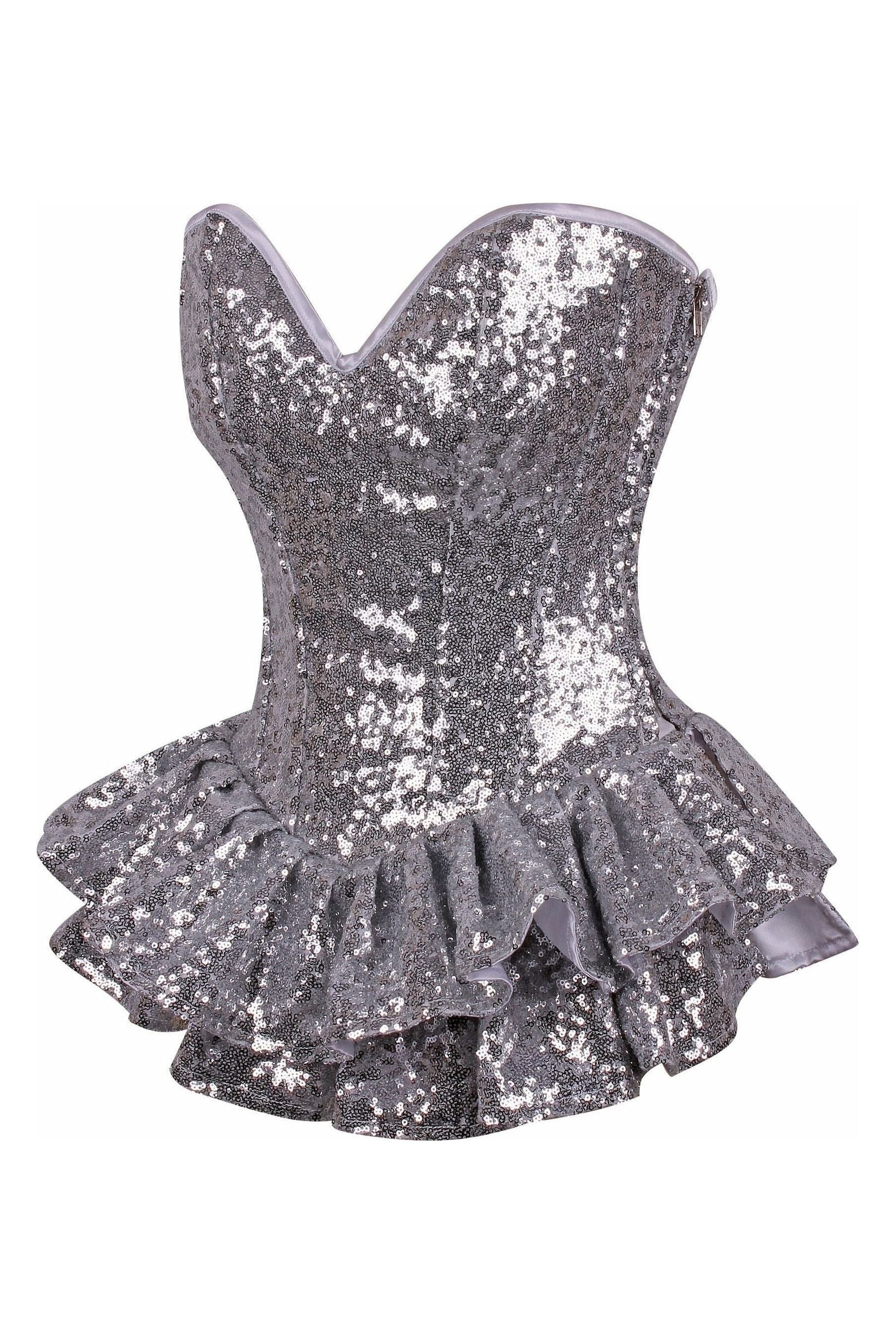 Top Drawer Silver Sequin Steel Boned Mini Corset Dress - Daisy Corsets
