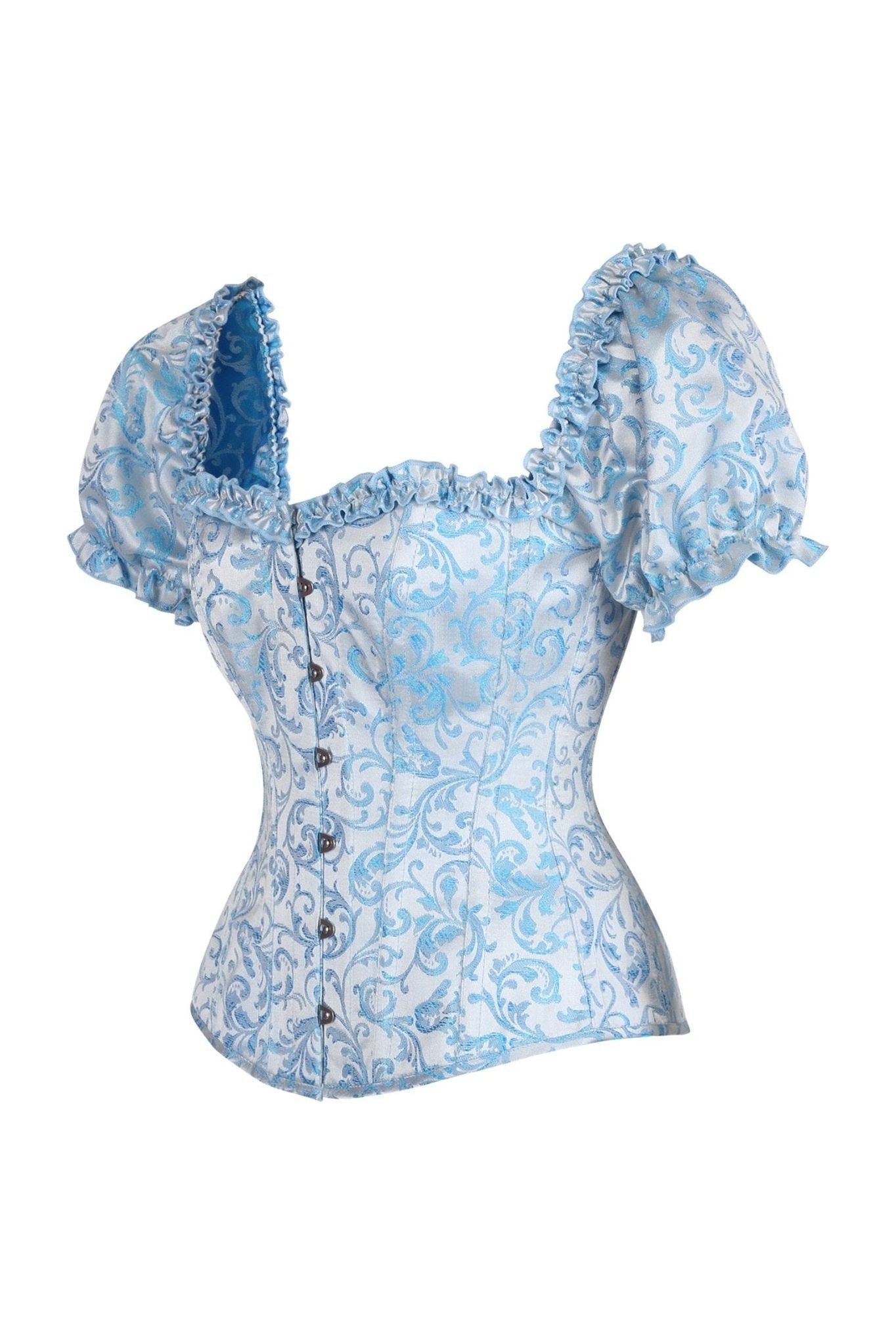 Top Drawer Steel Boned Blue Brocade Overbust Corset Top w/Sleeves - Daisy Corsets