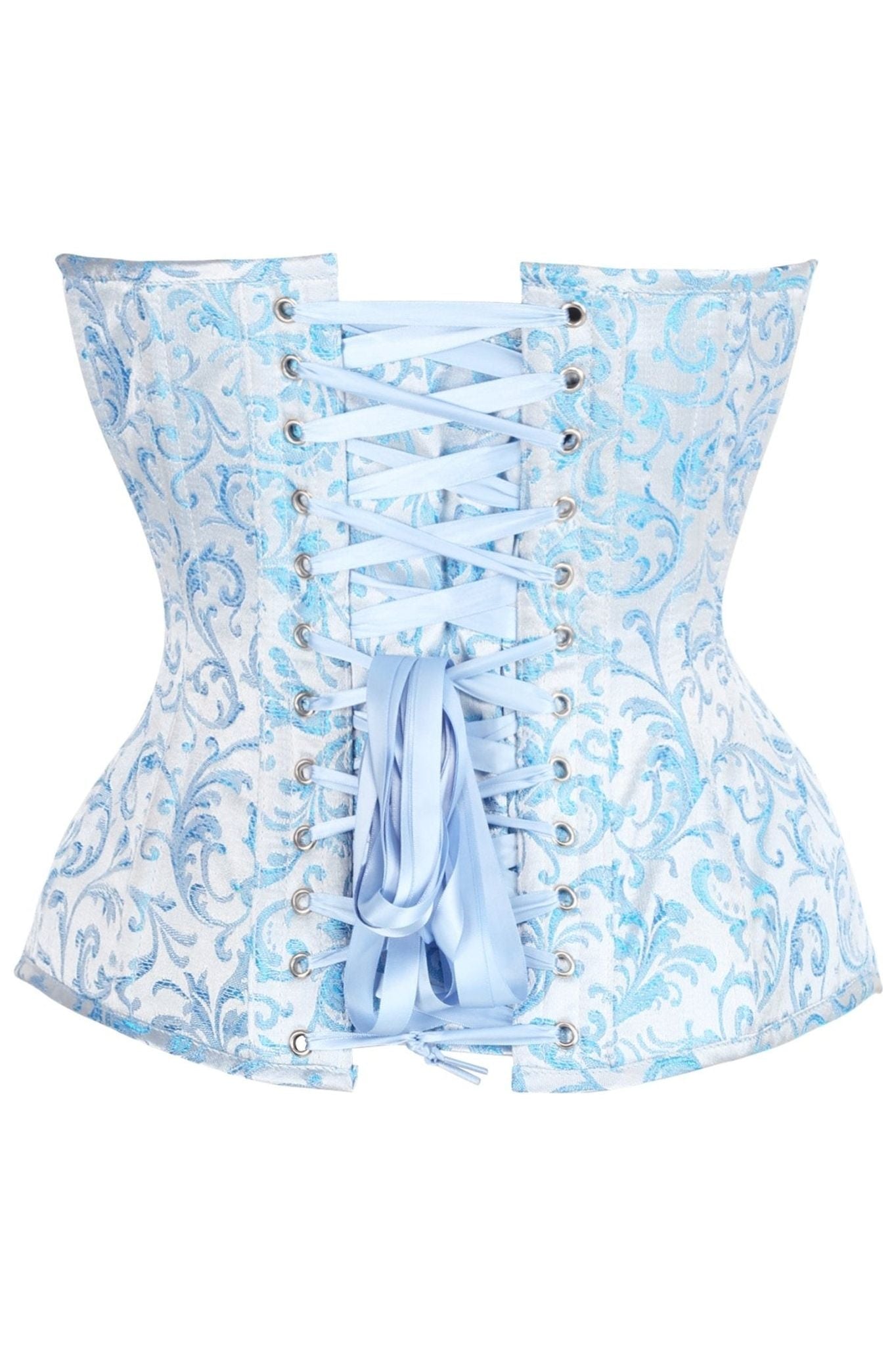 Top Drawer Steel Boned Blue Brocade Plunge Overbust Corset Top - Daisy Corsets