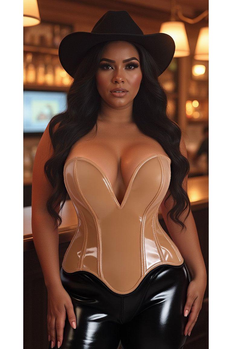 Top Drawer Steel Boned Caramel Patent Plunge Neckline Overbust Corset - Daisy Corsets