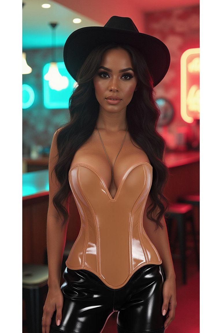 Top Drawer Steel Boned Caramel Patent Plunge Neckline Overbust Corset - Daisy Corsets