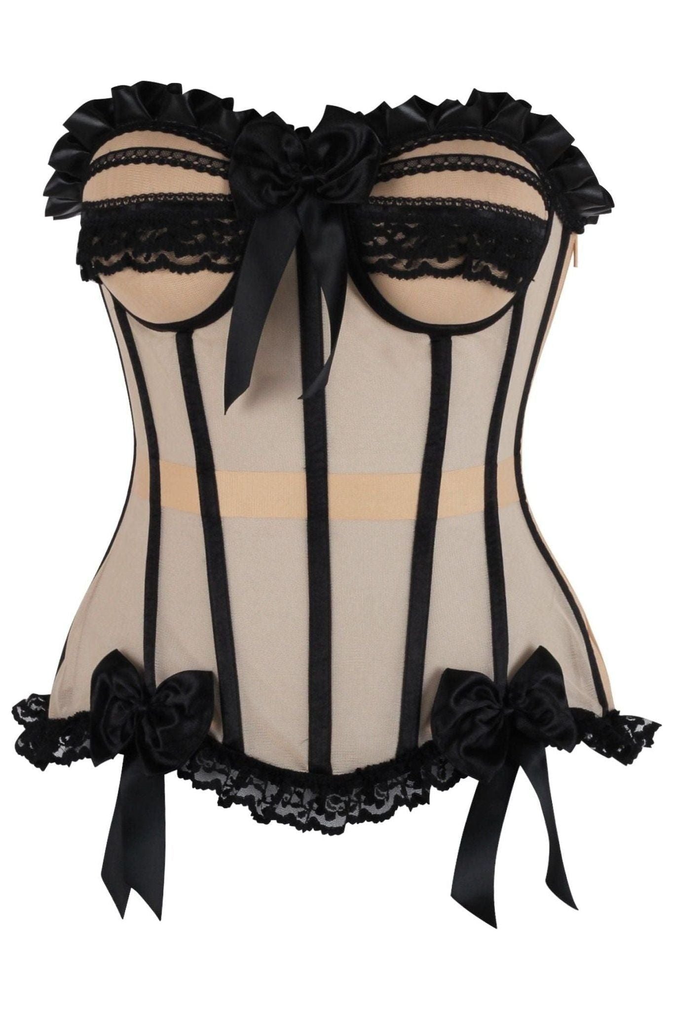 Top Drawer Steel Boned Nude & Black Mesh Underwire Bustier Corset - Daisy Corsets
