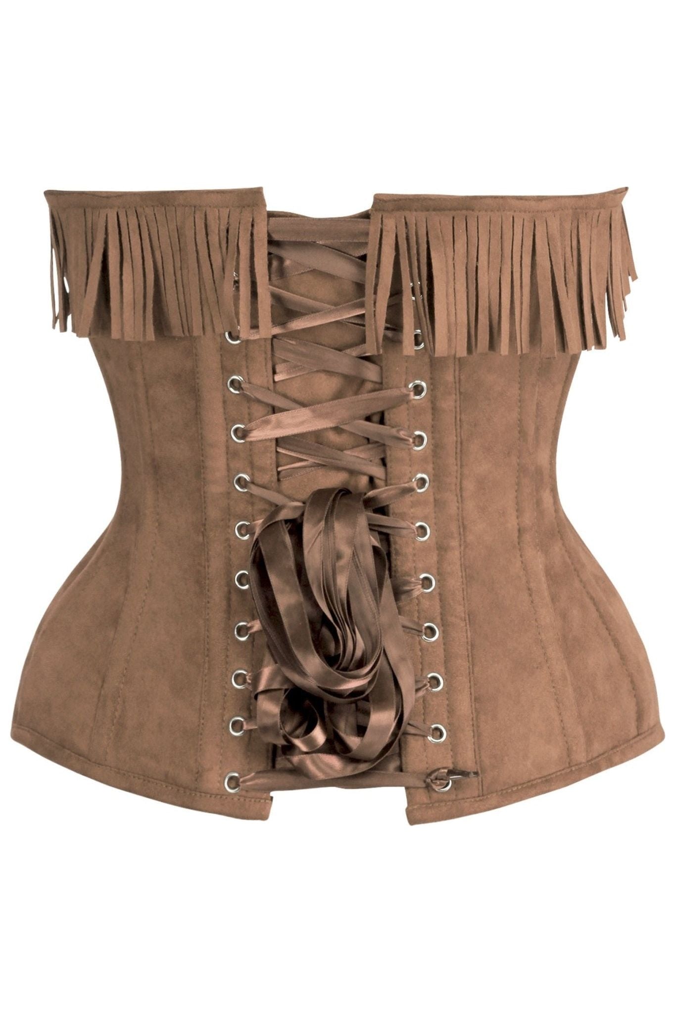 Top Drawer Tan Suede Steel Boned Overbust Corset w/Fringe - Daisy Corsets