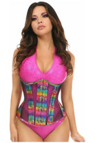 Daisy Rainbow Glitter PVC & Black Fishnet Steel Boned Under Bust Corset