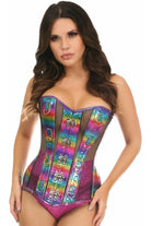 Daisy Rainbow Glitter PVC & Black Fishnet Steel Boned Over Bust Corset