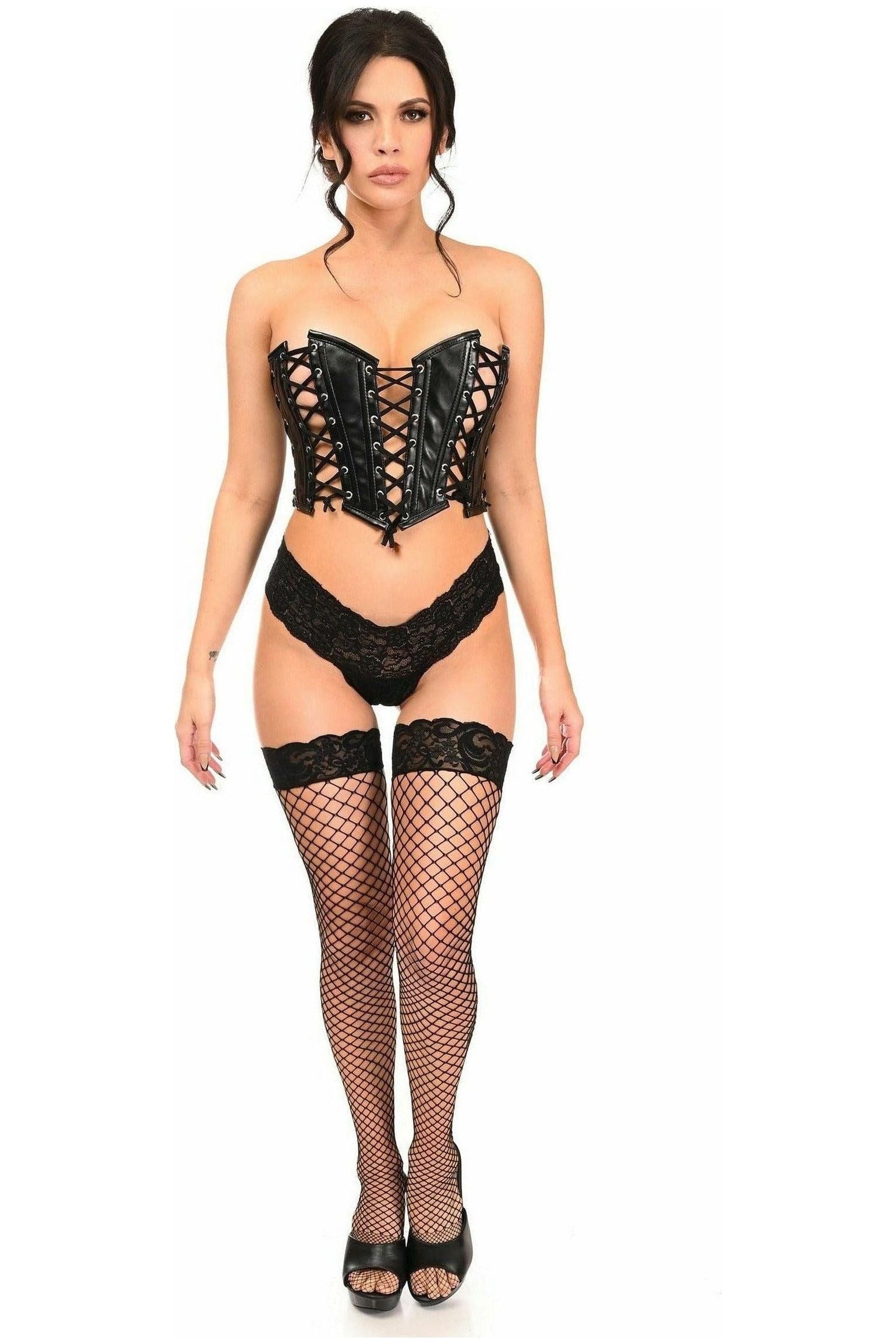 Lavish Black Faux Leather w/Black Lacing Lace - Up Bustier - Daisy Corsets