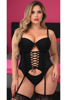 Lavish Black Lycra & Lace Hook & Eye Lace - Up Bustier Corset w/Garters - Daisy Corsets