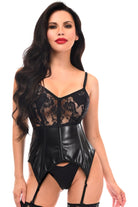 Lavish Black Wet Look & Lace Bustier Corset w/Garters - Daisy Corsets