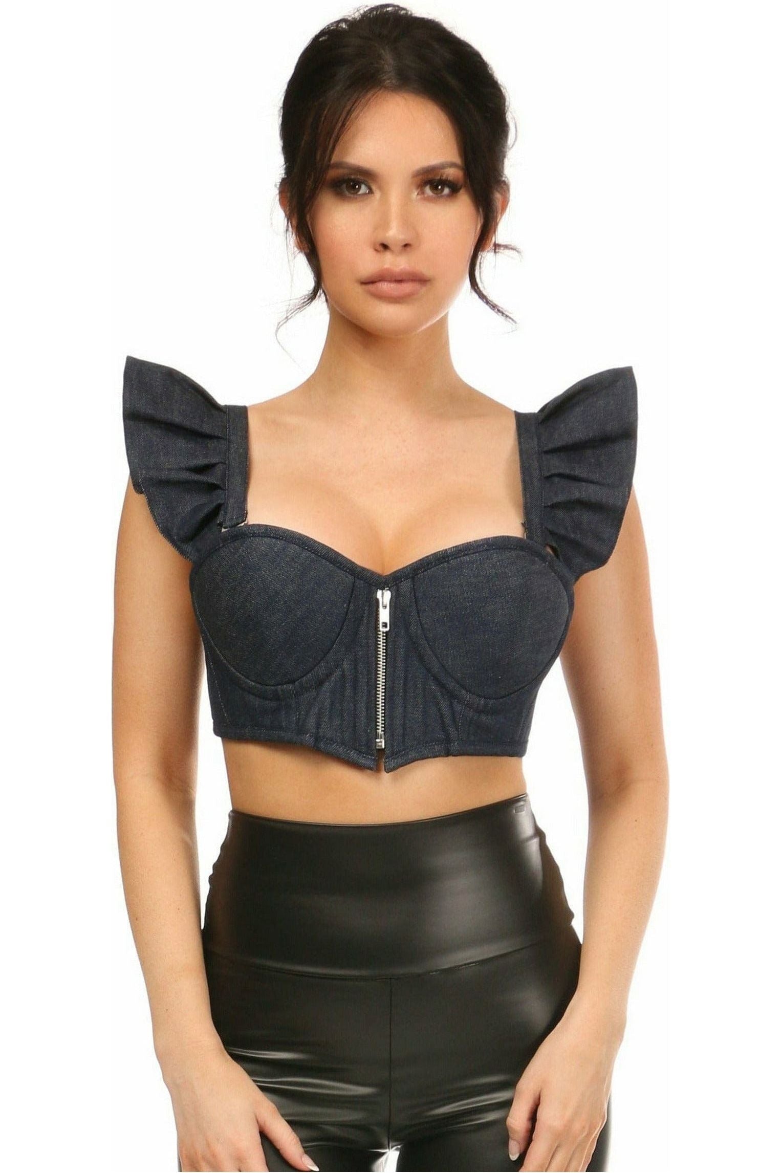 Lavish Blue Denim Underwire Bustier Top w/Removable Ruffle Sleeves - Daisy Corsets