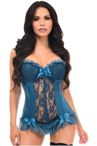 Lavish Dark Teal Lycra & Lace Hook & Eye Stretch Bustier Corset - Daisy Corsets