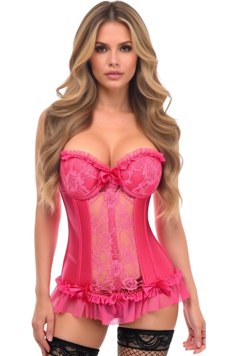 Lavish Fuchsia Lycra & Lace Hook & Eye Stretch Bustier Corset - Daisy Corsets