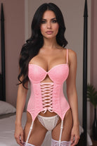 Lavish Lt Pink Lycra & Lace Hook & Eye Lace - Up Bustier Corset w/Garters - Daisy Corsets