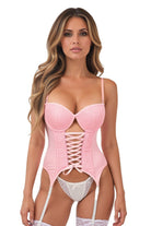 Lavish Lt Pink Lycra & Lace Hook & Eye Lace - Up Bustier Corset w/Garters - Daisy Corsets